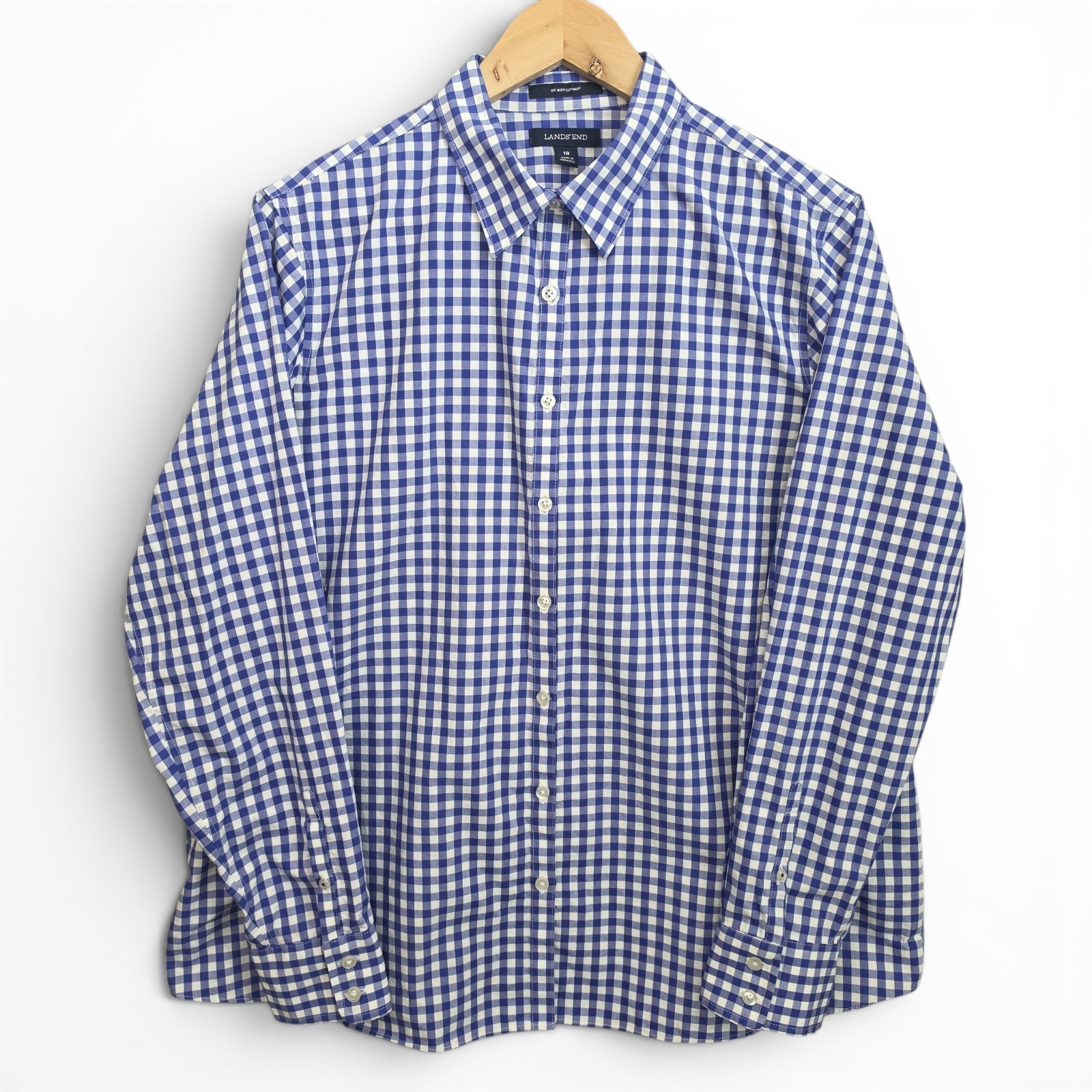 Lands End Dress Shirt Womens Plus 18 Blue Gingham Check Button No Iron Supima