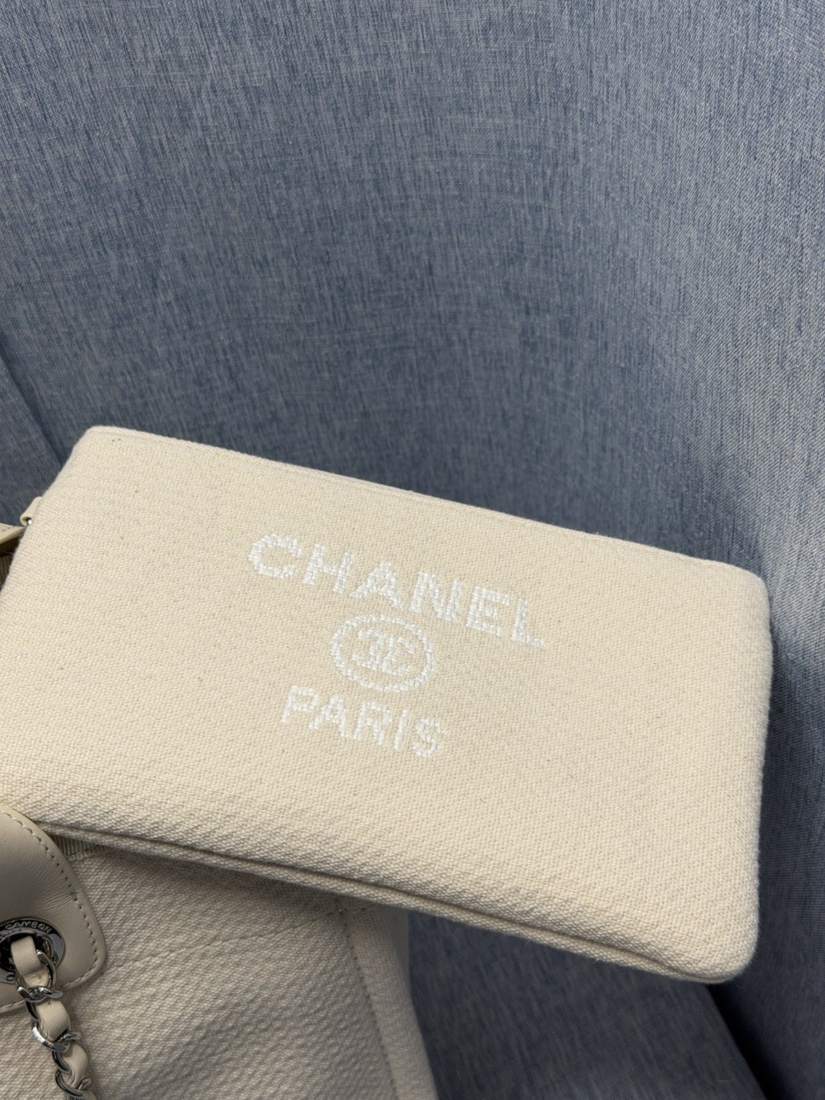 Chanel Deauville MM Tote Bag With Pouch Chain Tweed Material White