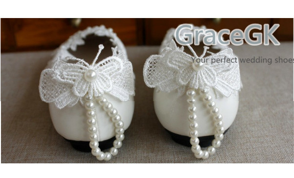 Women’s Lace Wedding Shoes Pearls anklet Bridal High Low Heels flat shoes