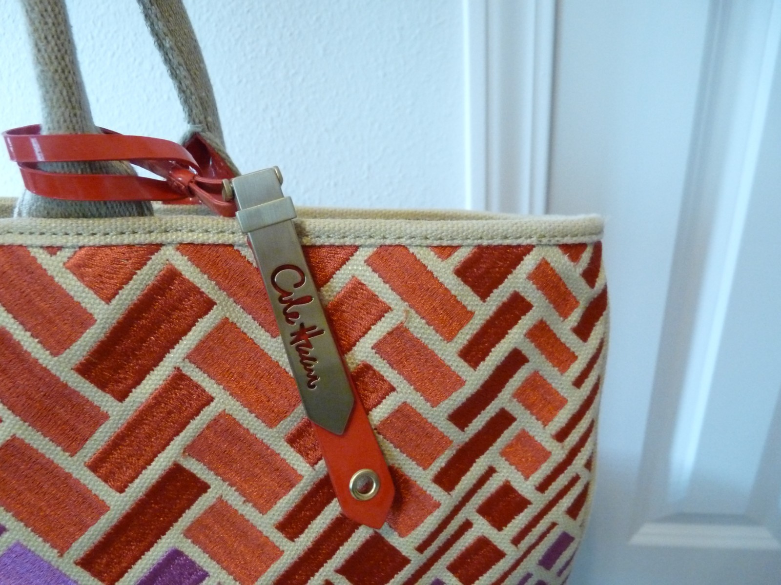 Cole Haan Orange Fuchsia Purple Leather and Fabric Shoulder Tote Bag