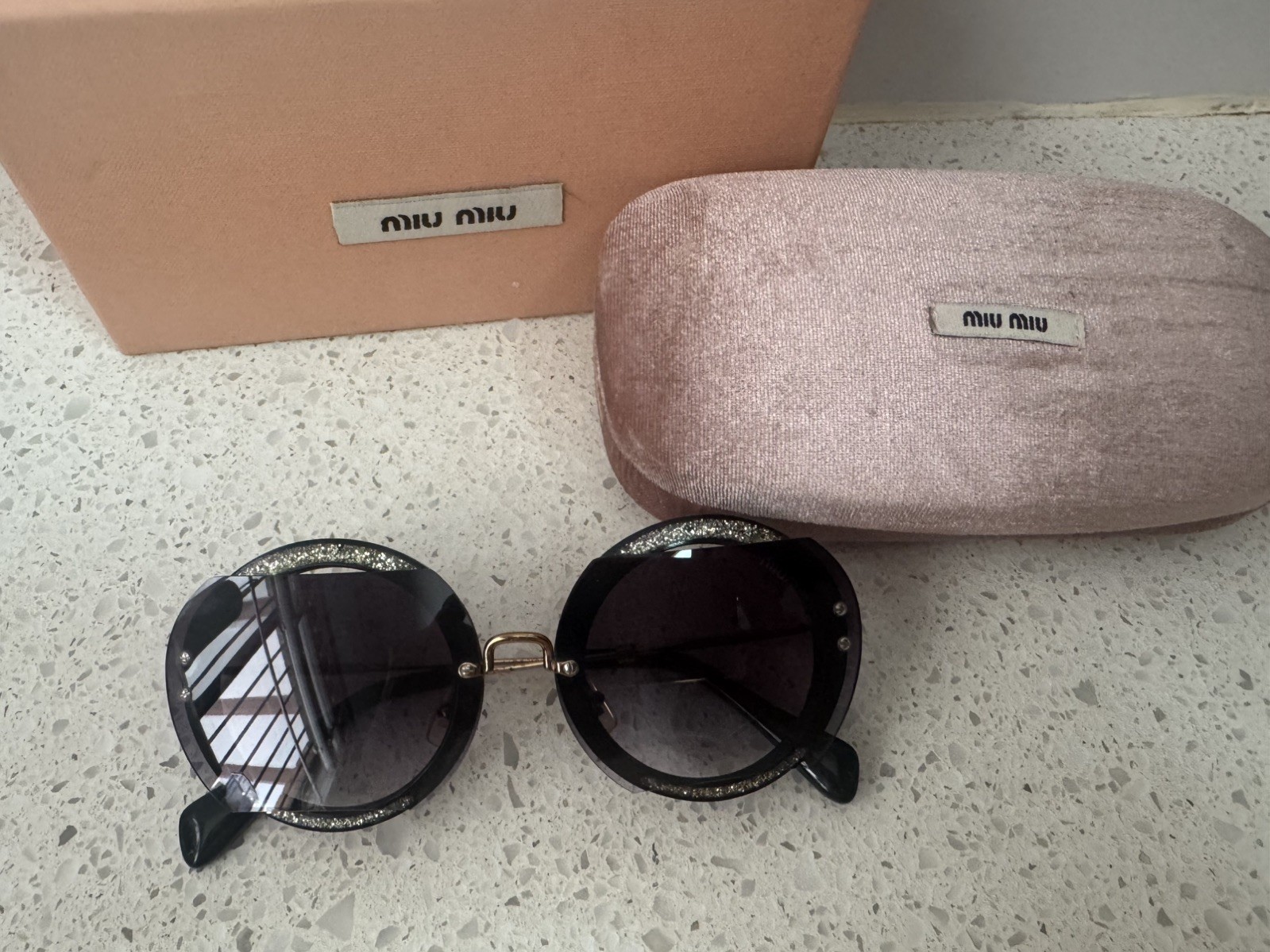 MIU MIU Gold SILVER GLITTER Round Sunglasses VINTAGE SEMI RIM SMUO6s Black Lens