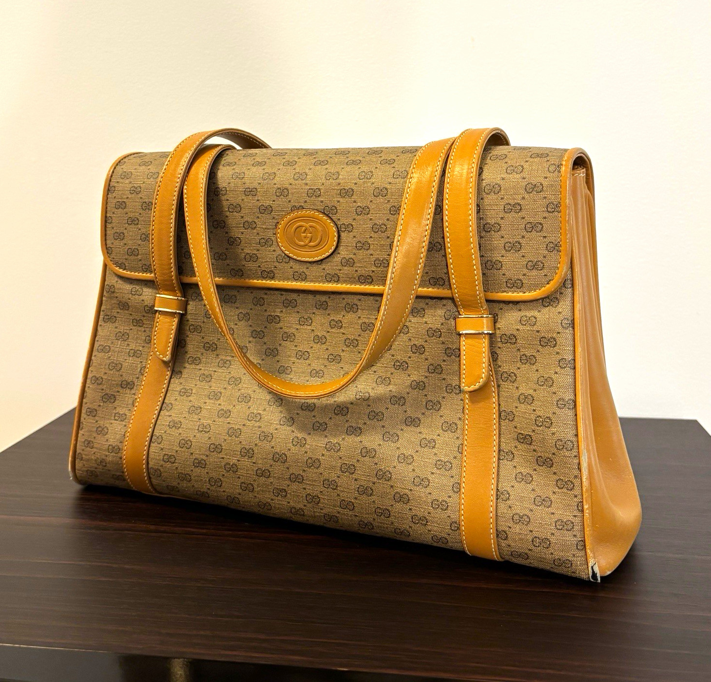 Gucci GG Monogram Shoulder Bag Gold Hardware Snap Closure