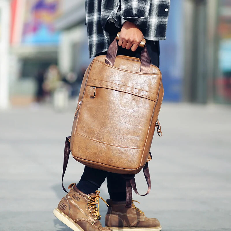 Leather Backpack for Teenage Boys Men Casual Daily School Travel Shoulder Bag