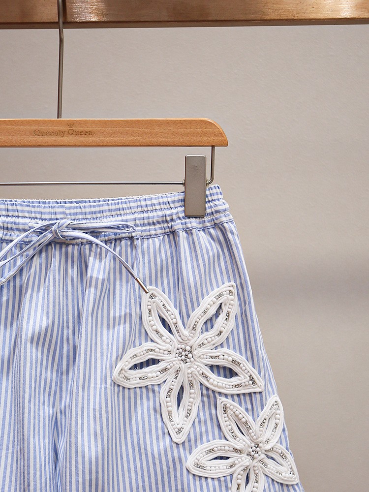 Sandro Striped Wide Leg Shorts Embroidered Pearl Waist Tie