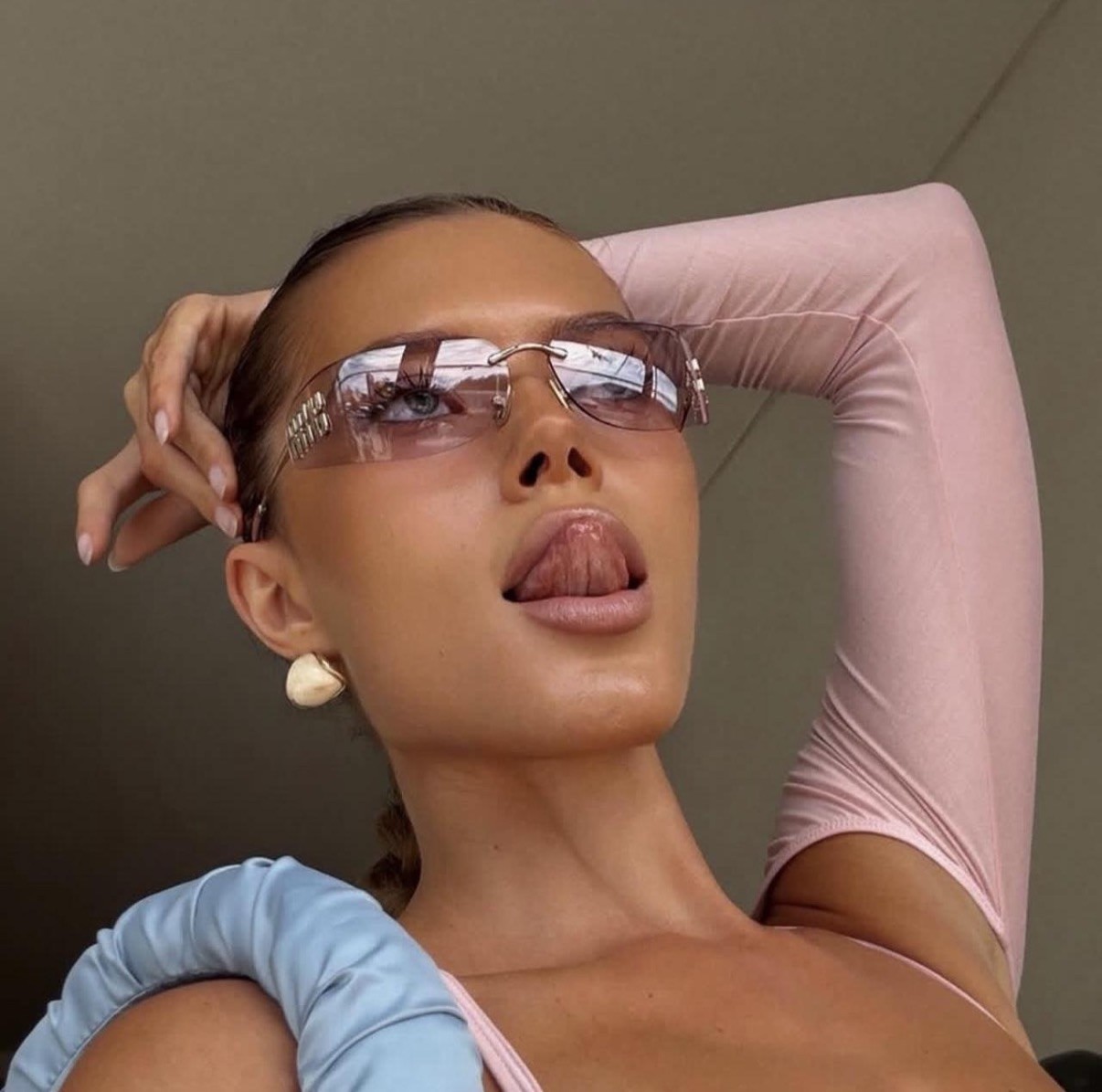 Miu Miu AUBE MU A51S ZVN90O Light pink Lenses Rimless Rectangle Sunglasses