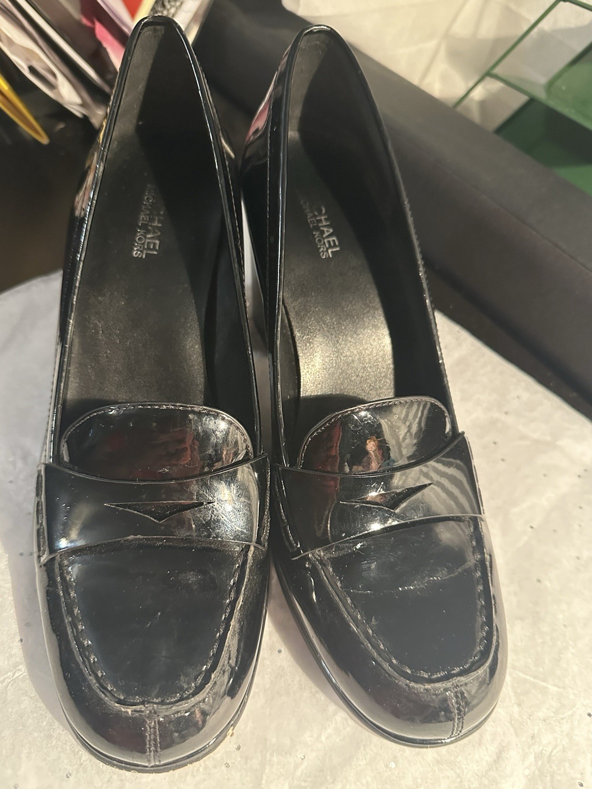 Michael Kors Women’s Black Patent Leather Square Toe Slip-On Block Heel Pump 8.