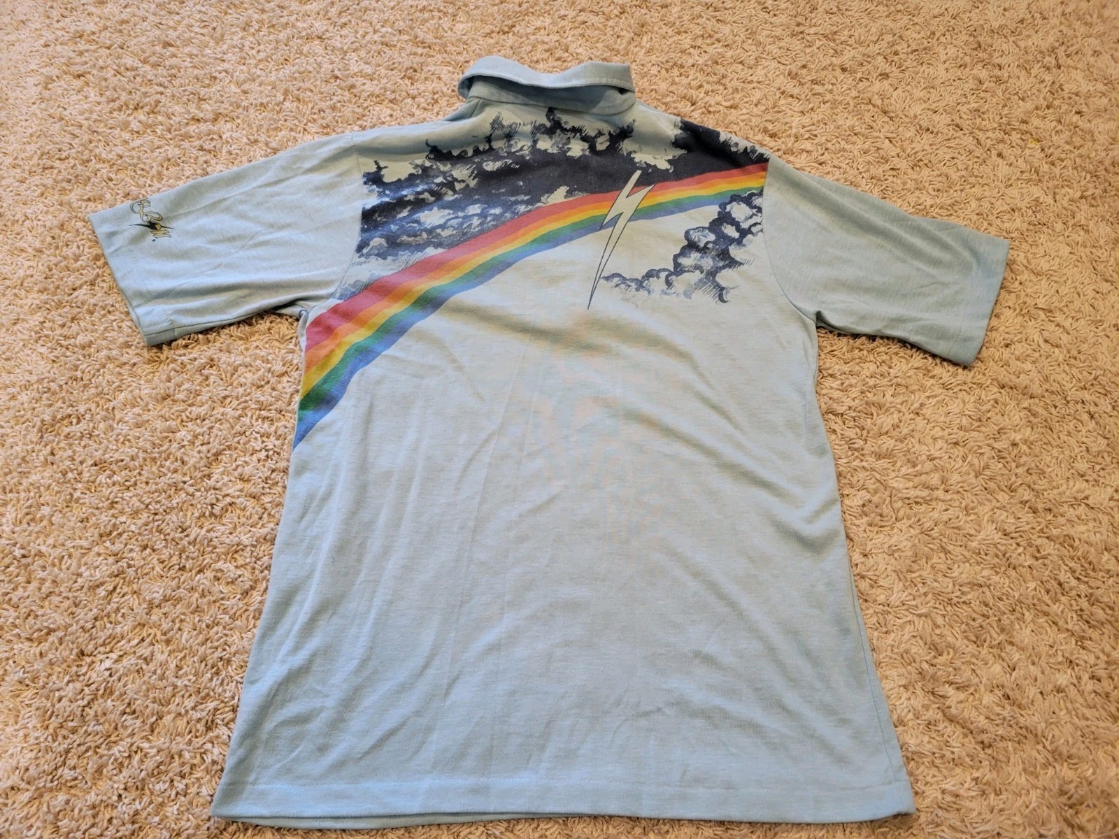 VTG 70s Lightning Bolt Polo Shirt Surfer Waves Wood Button Blue Surf Sz Xs*