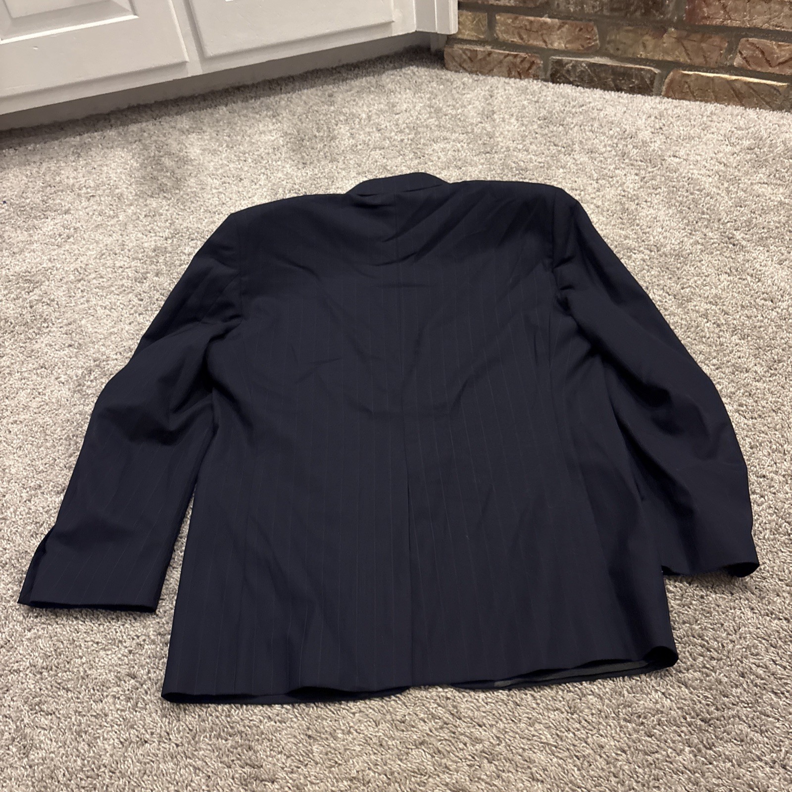 Tom James Mens 42R Pinstripe 2 Piece Suit Blue Corporate Image Pleated 36×32