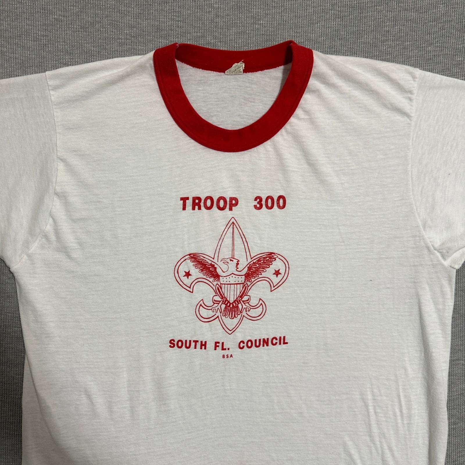 Vintage 80s Screen Stars Boy Scouts Troop 300 Ringer T-Shirt White Size XXL