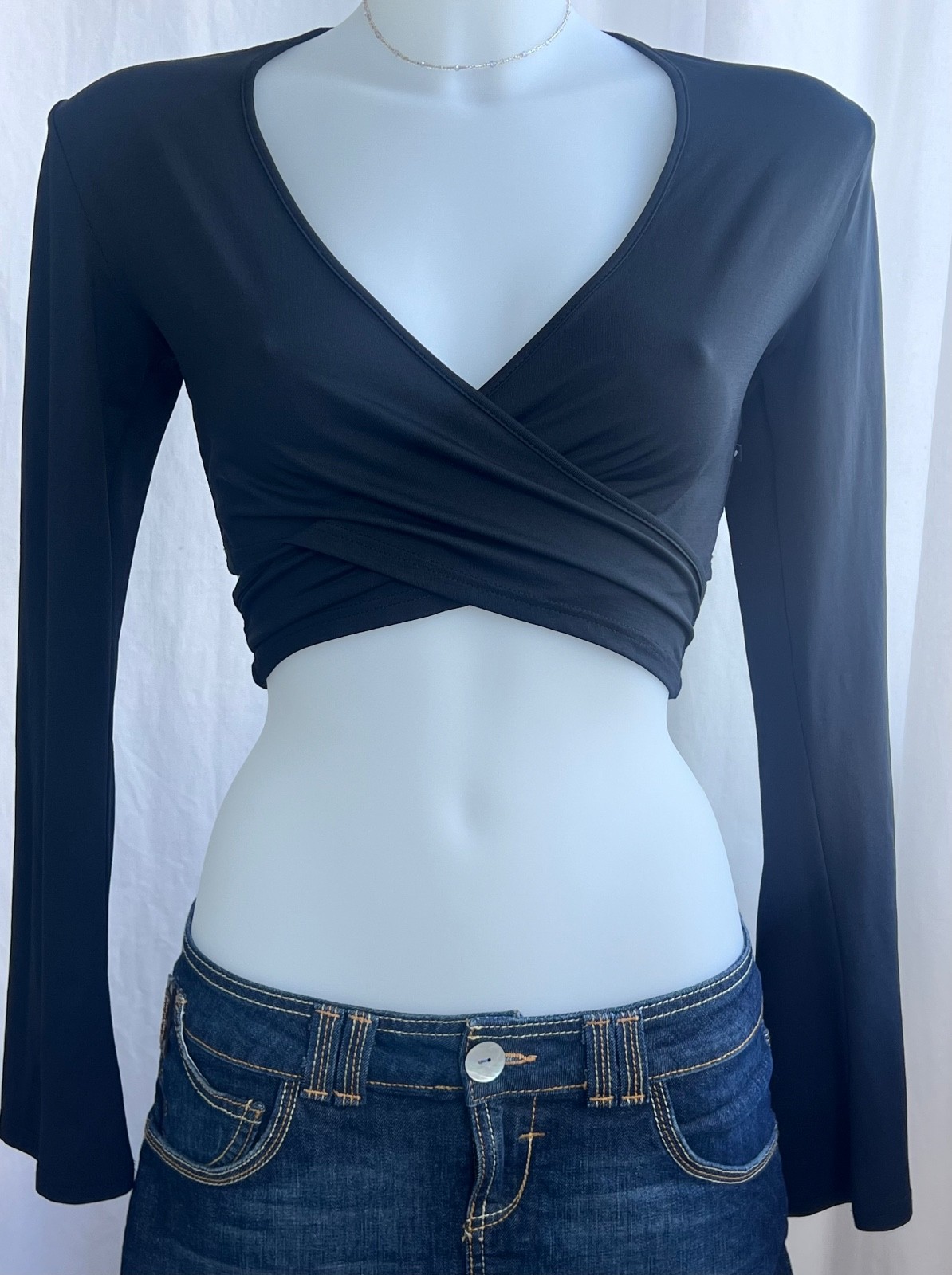 Morgan de Toi Y2K Black Ballet Wrap Tie Crop Top Long Sleeve One Size