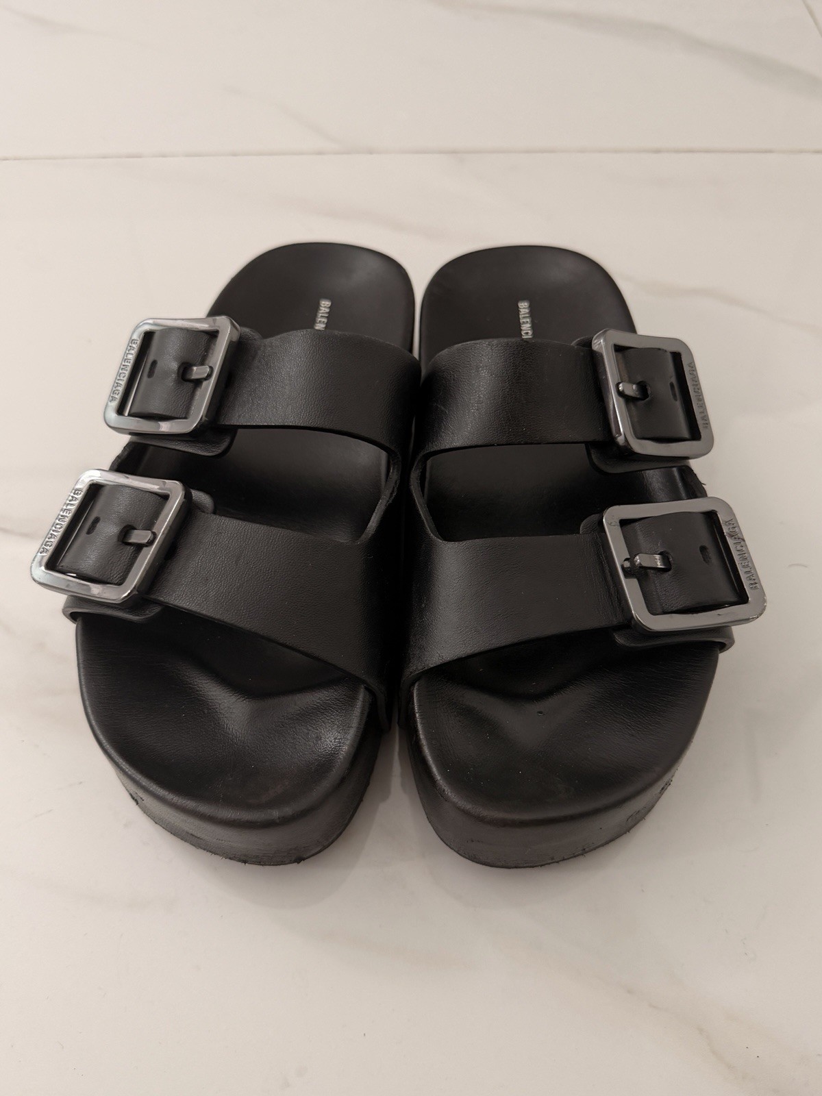 BALENCIAGA women’s Mallorca Leather platform sandals black size 37 US 7