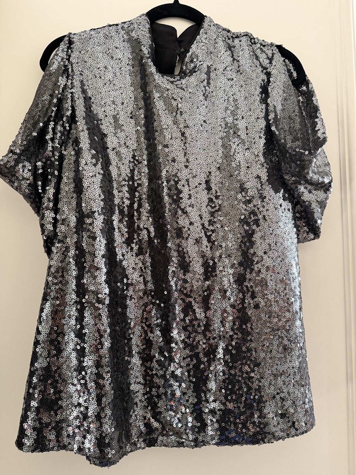 Ann Taylor Silver Black Sequin Mesh V-Neck Puff Short Sleeve Blouse XL