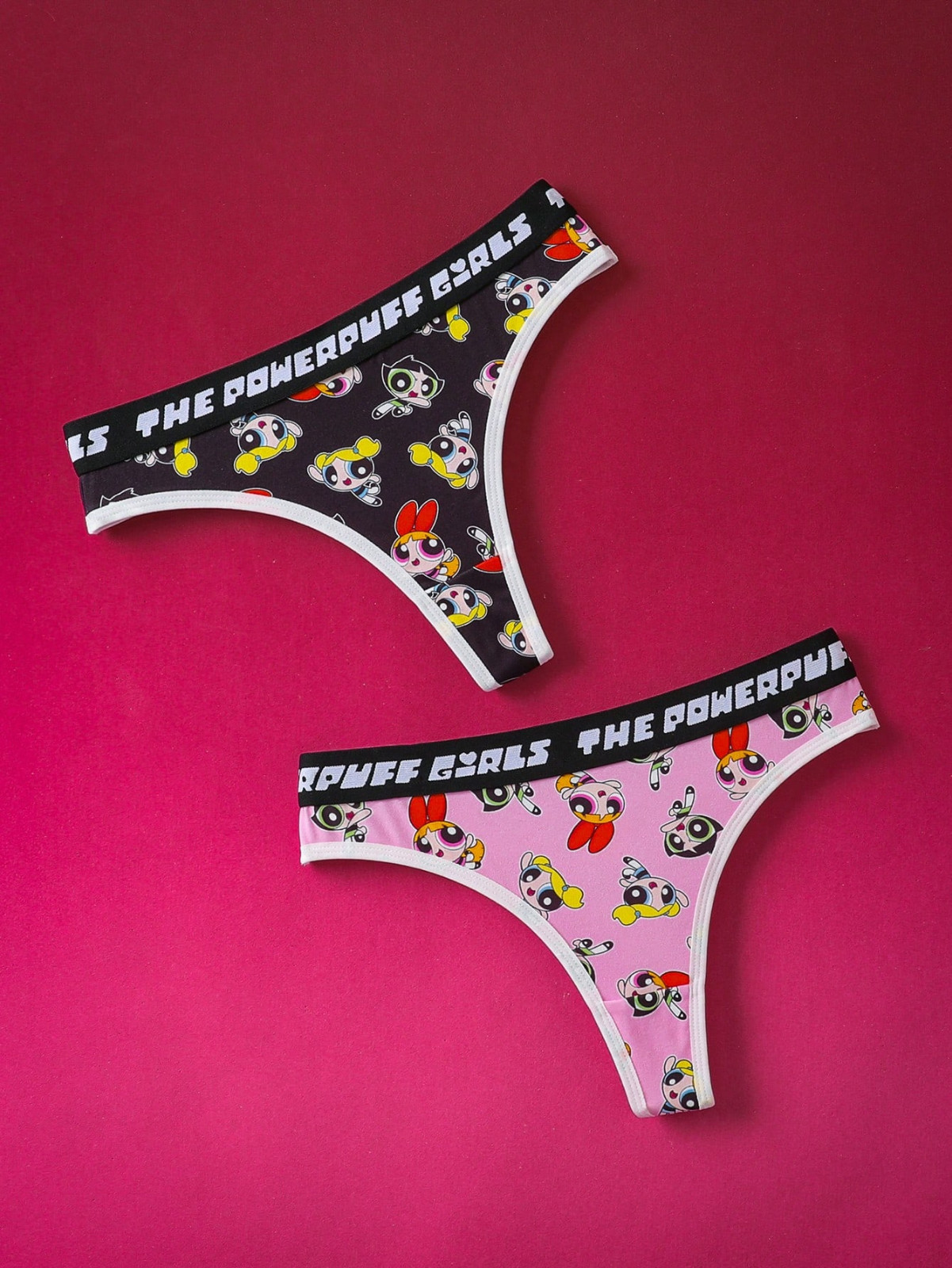 Women’s Powerpuff Girls Logo Waistband Cartoon Thong Panties – Pack of 2