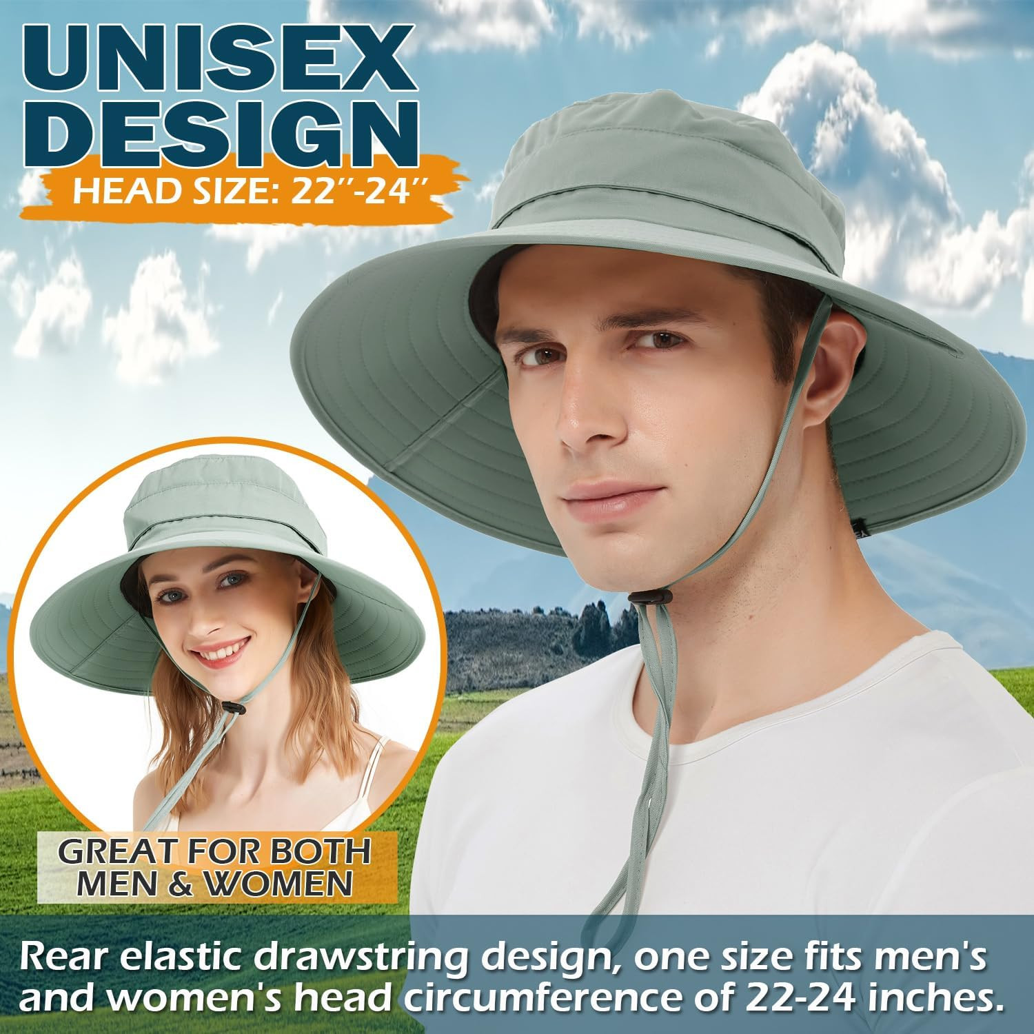 Waterproof Sun Hat for Men Women, UPF 50+ UV Protection Wide Brim Packable Hat f