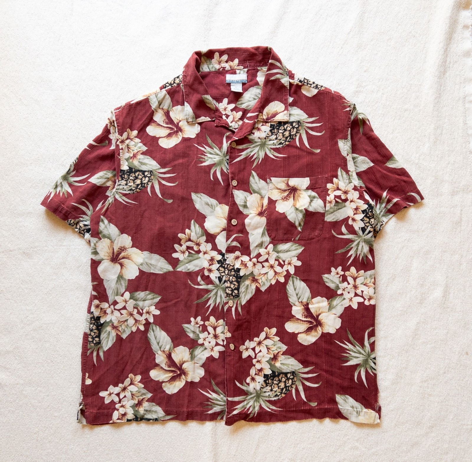 Breakwater Men’s Red Floral and Pineapple Print Short Sleeve Hawaiian Shirt