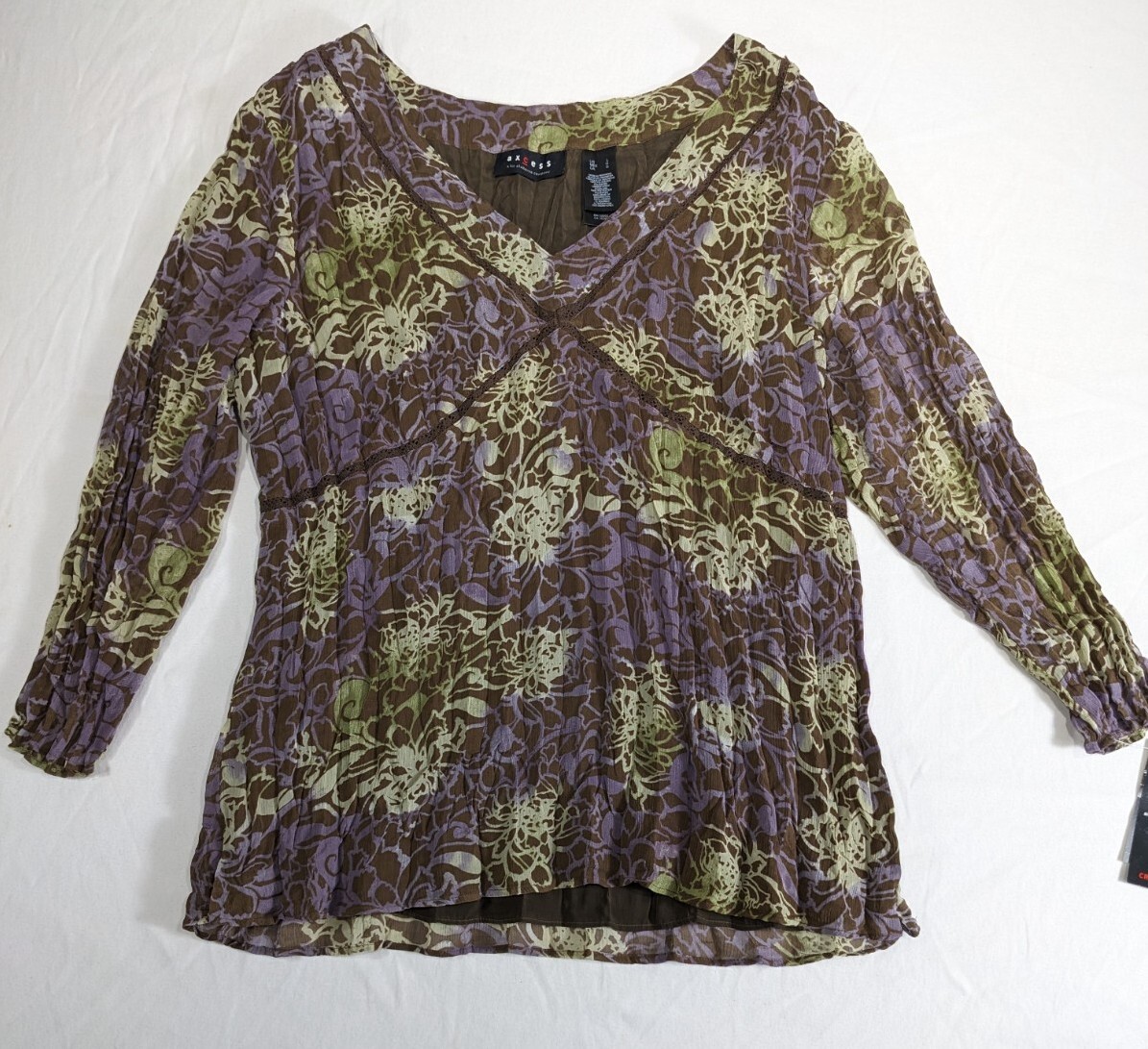 AXCESS Blouse Women’s sz L Brown V-Neck 3/4 Slv Zip Side Closure Crinkle Fab NWT