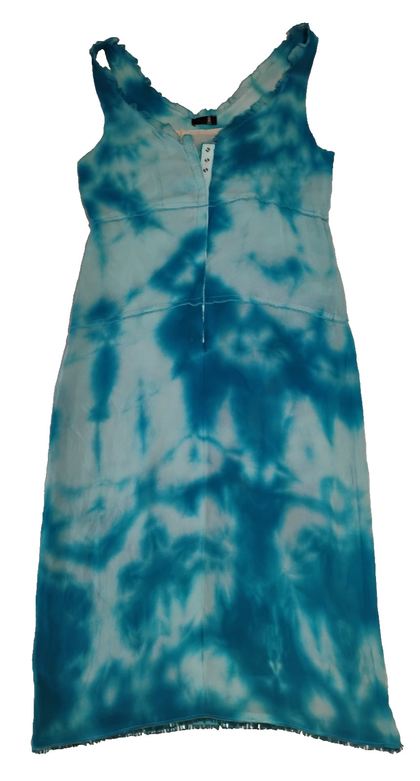 Zinco Italian Turquoise and White Tie Dye Silk Dress Beaded Hem Ruffle Neckline