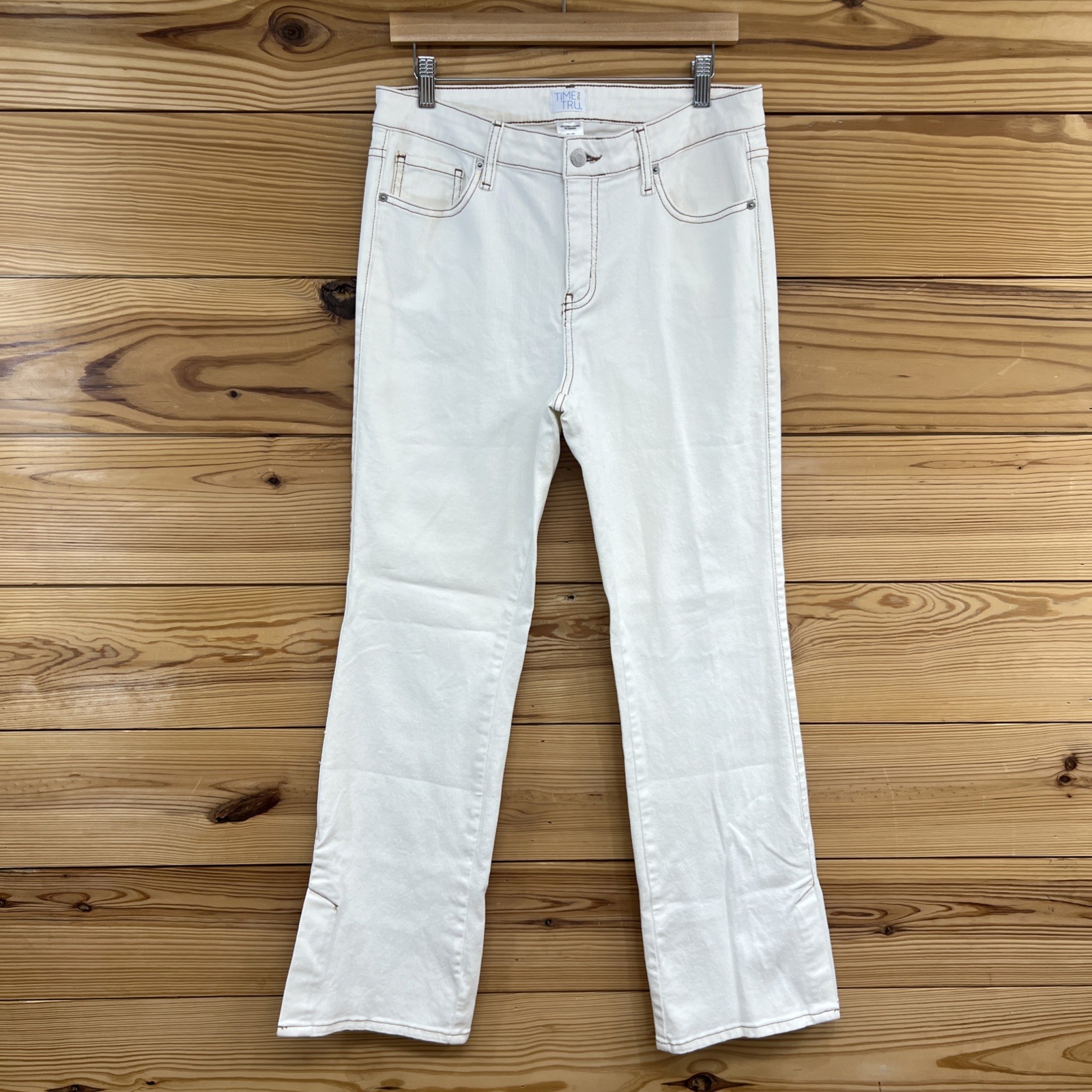 Time and Tru Flare Jeans Womens 12 Ivory Brown Contrast Stitch Stretchy B102