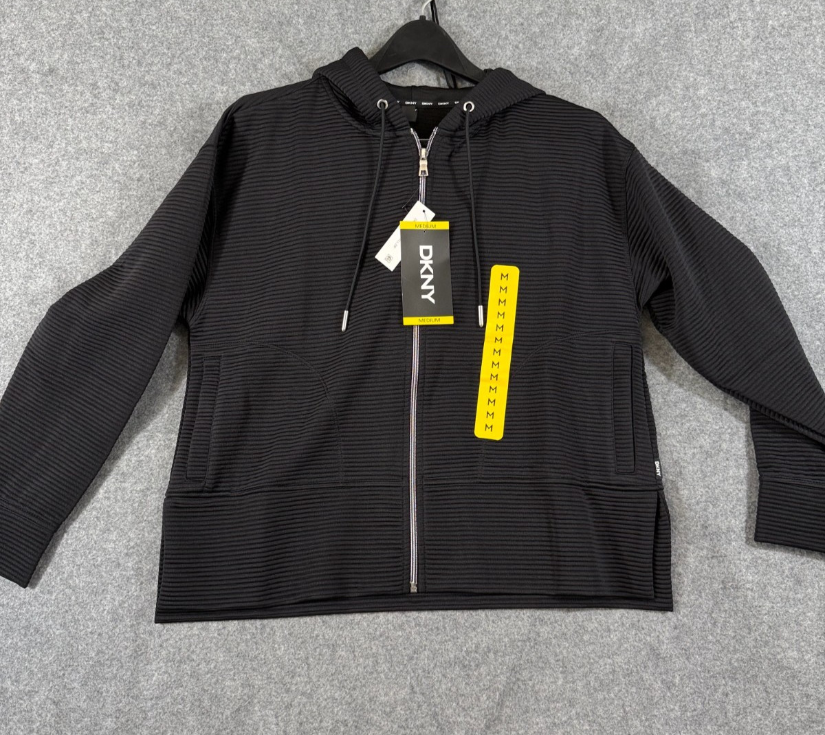 DKNY Ottoman Full Zip Hoodie Womens Medium Black Stretch Lined Drawstring NWT
