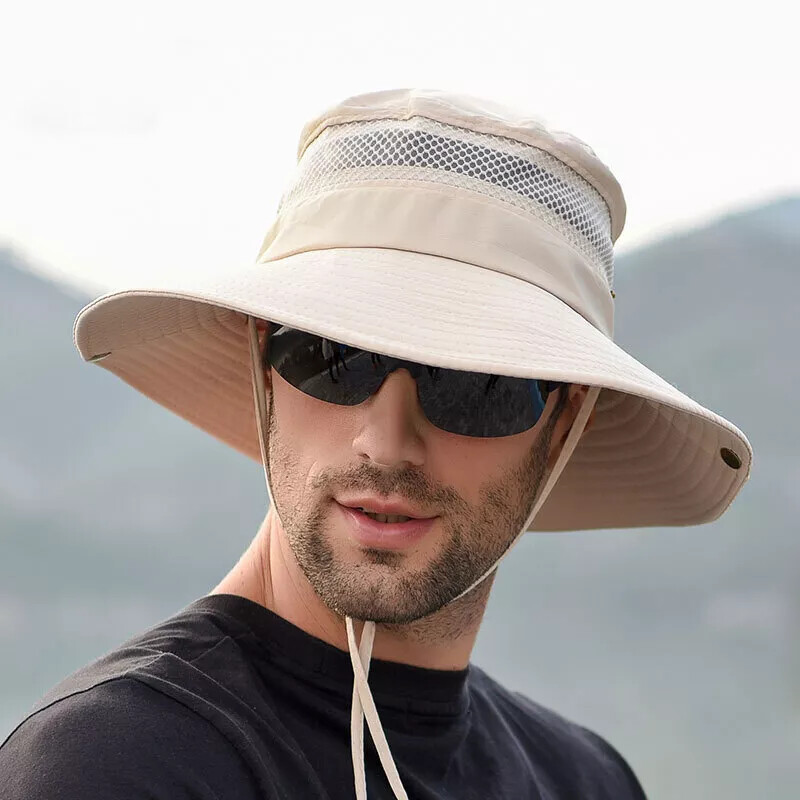 Men Wide Brim Sun Hat UV Protection Bucket Cap Hiking Camping Fishing Safari USA