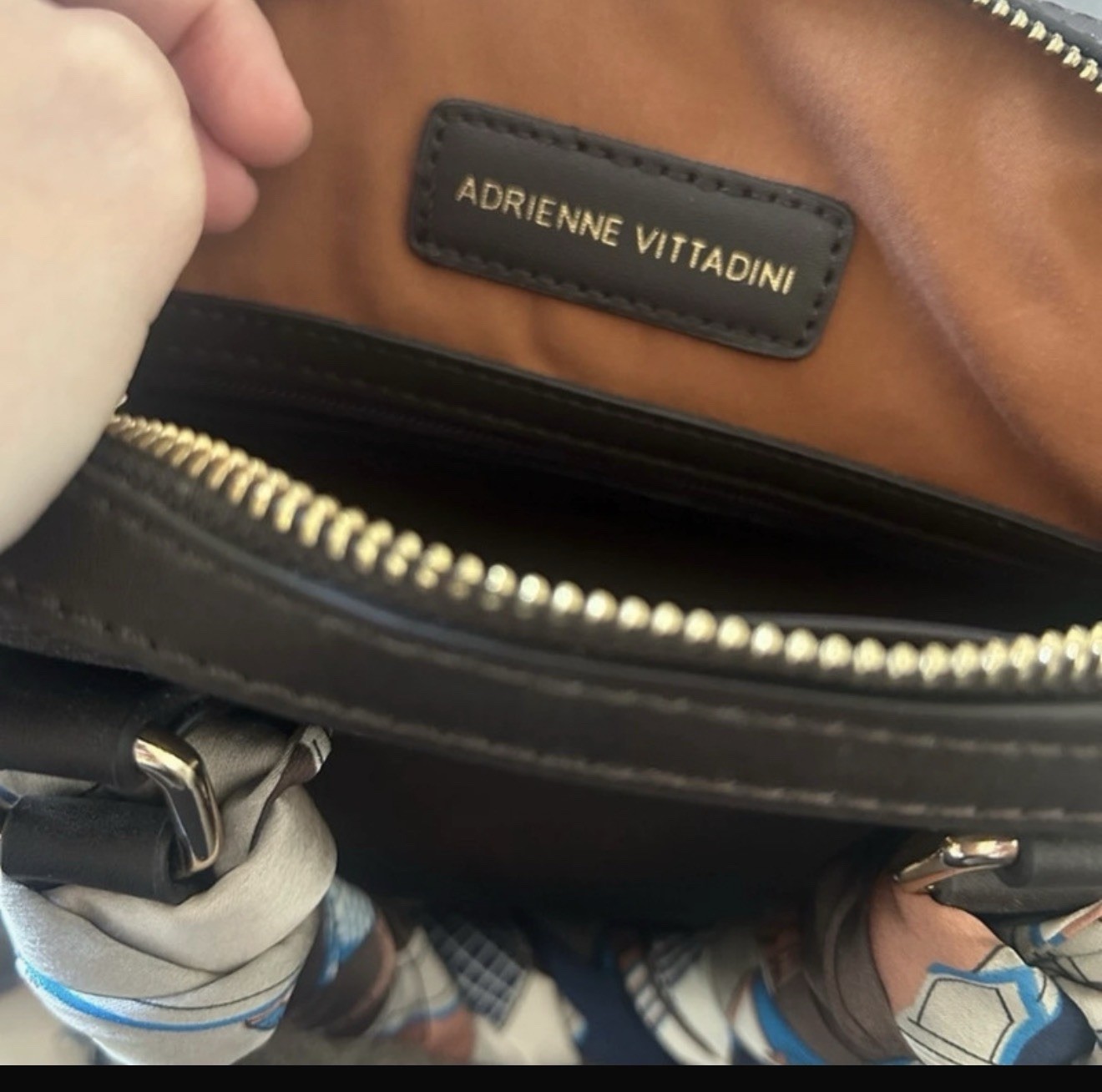 Adrienne Vittadini Brown Satchel Top Handle Zip Gold Hardware Scarf Wrap Charm