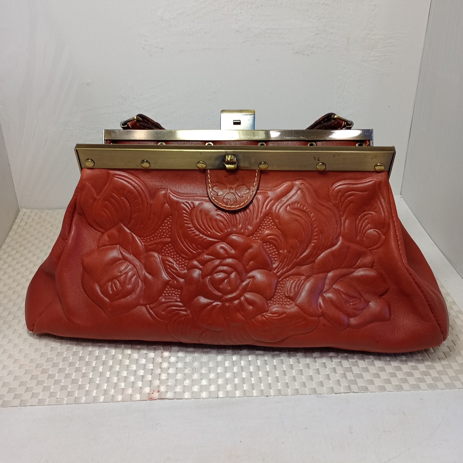 Patricia Nash Floral Embossed Cognac Leather bag Medium Brass Bottom Studs EUC