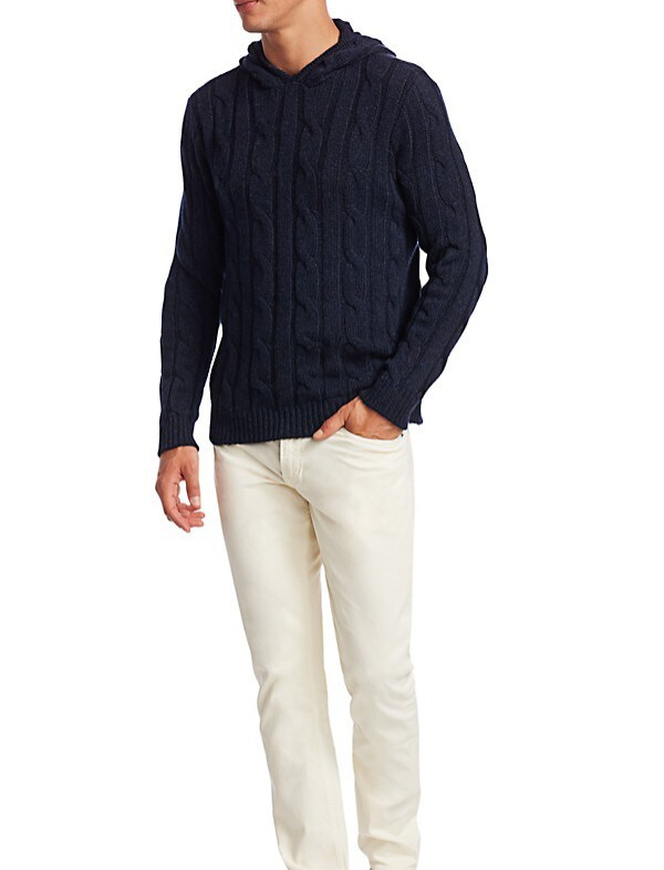Ralph Lauren Purple Label Mens Navy Cable Knit Cashmere Hoodie Sweater $1,495