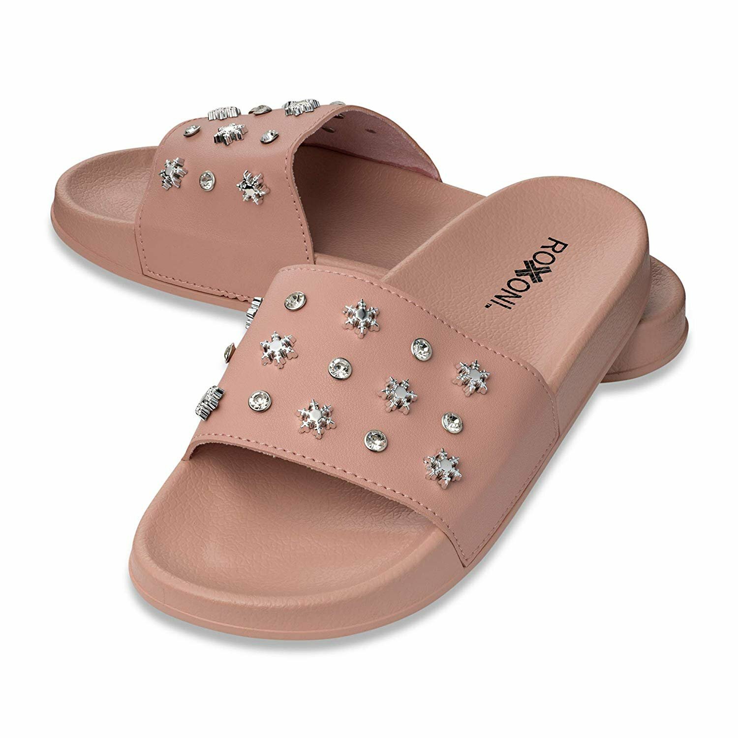 Very Peri Flat Slide Sandals for Women with A Snow Flakes and Diamond Strap