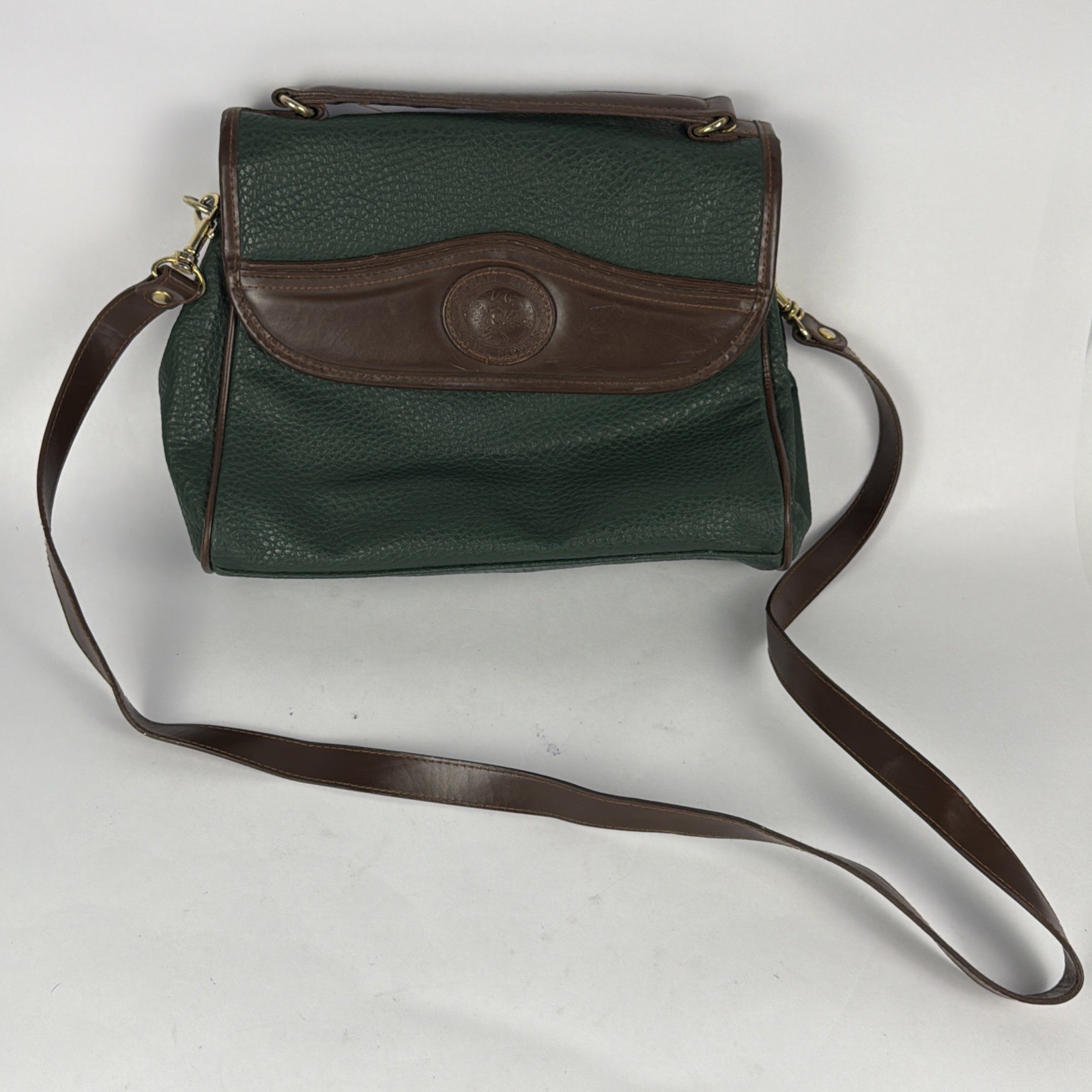 Michael Stevens Green/Brown Pebbled Leather Shoulder Bag 11x9x3.5in