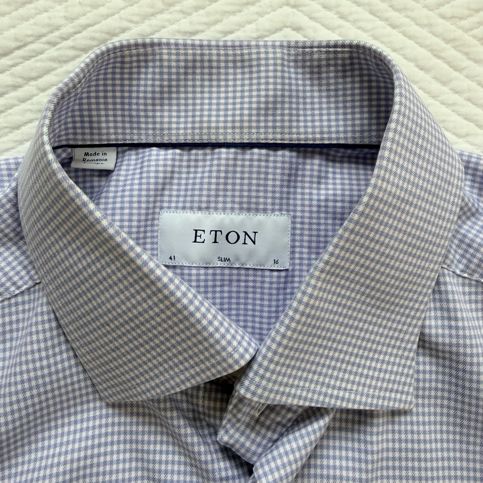 Eton Men’s Slim Blue/White/Violet Check Non-Iron Cotton Dress Shirt Button 16/41