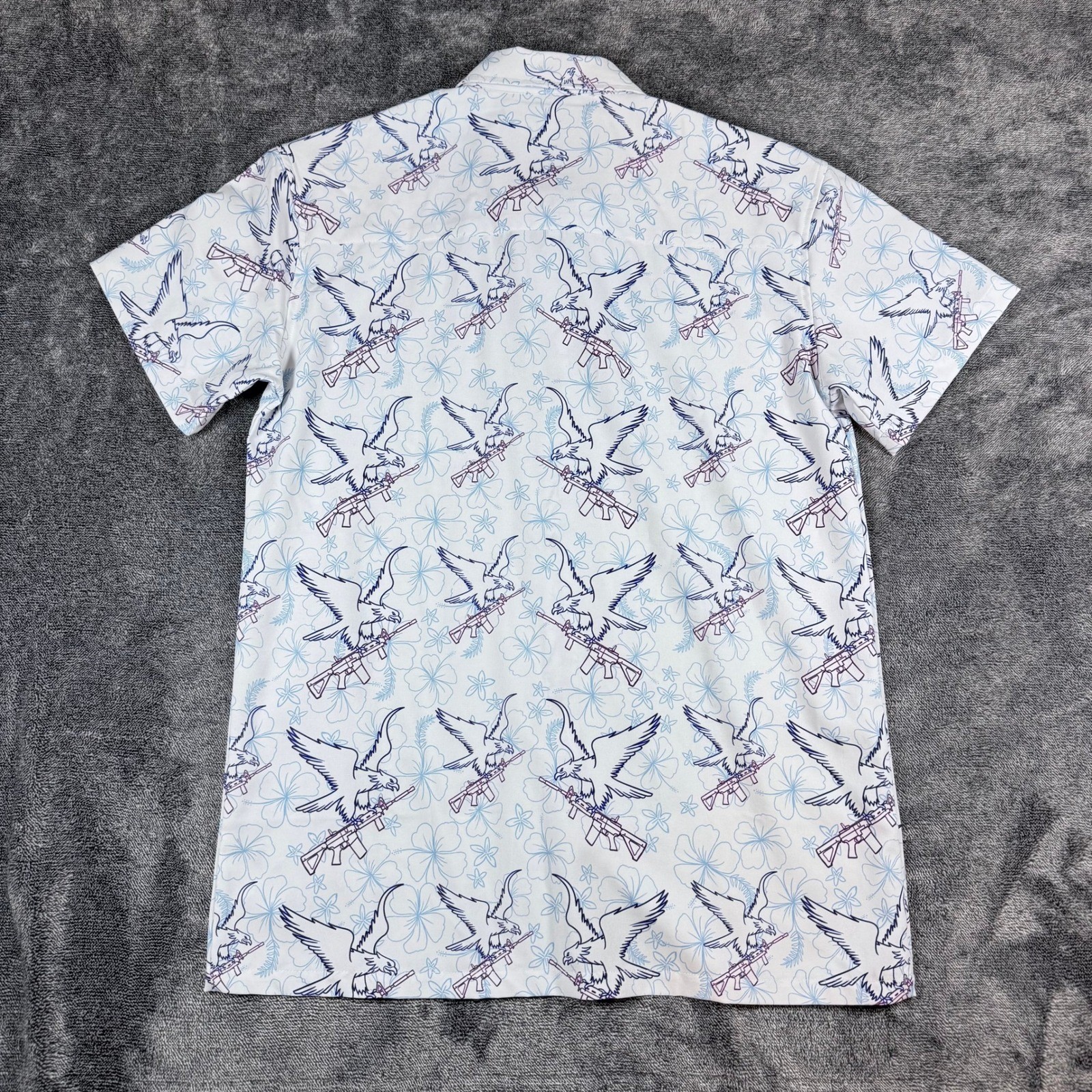 Retro Rifle Prey Mens Large White Eagle Rifle Floral Short Sleeve Button Up