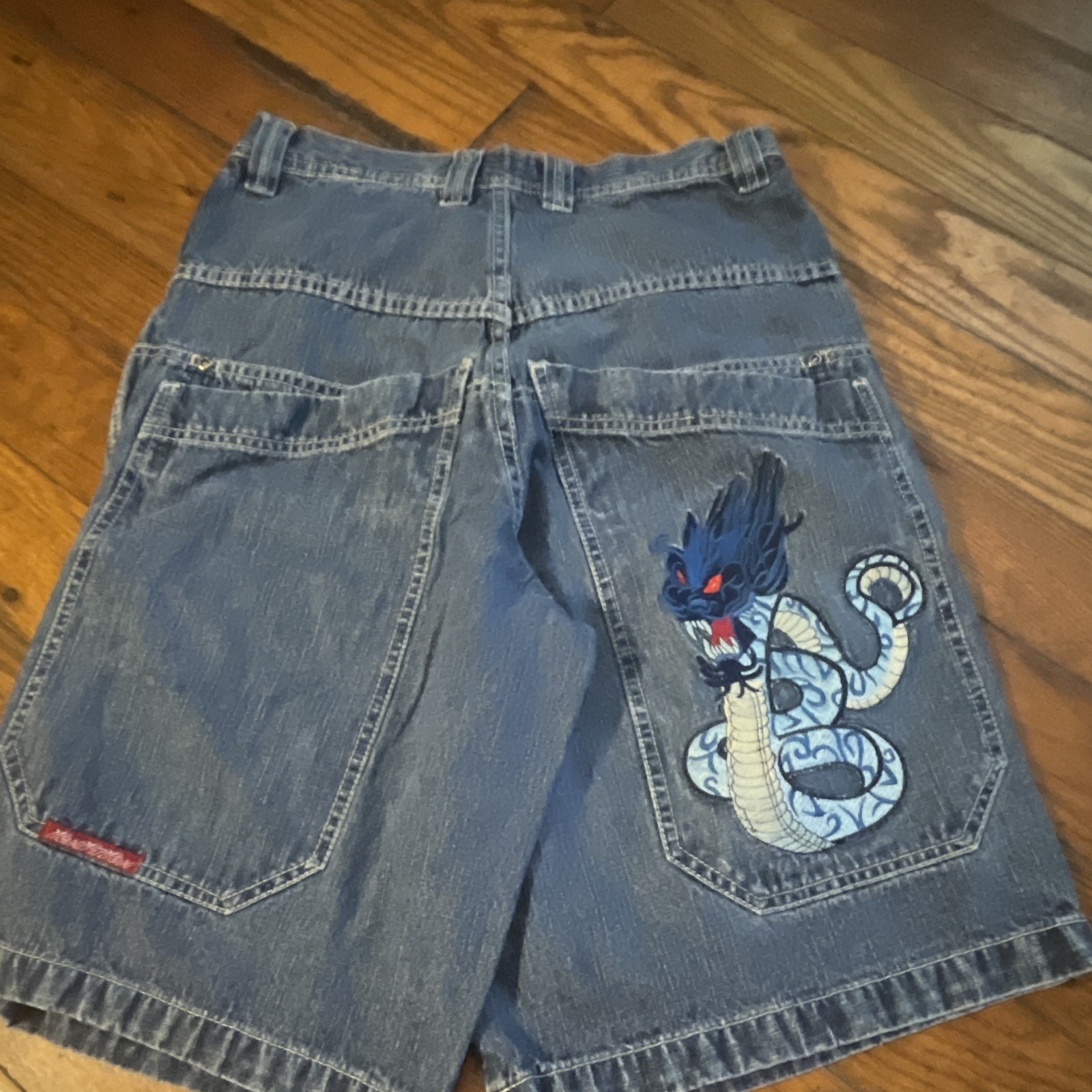 Ignition Men’s Blue Denim Shorts Dragon Embroidered 5-Pocket Zip 11 Inseam