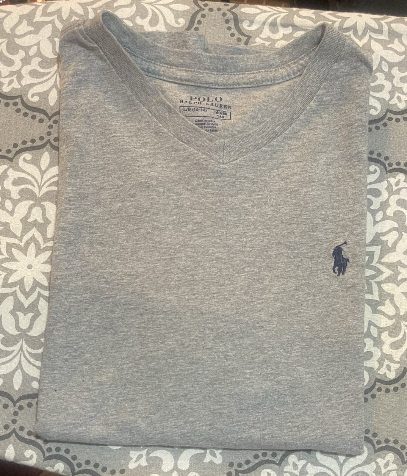 Polo Ralph Lauren Gray V-Neck Short Sleeve Cotton Jersey Polo Pony Logo Tee L/G