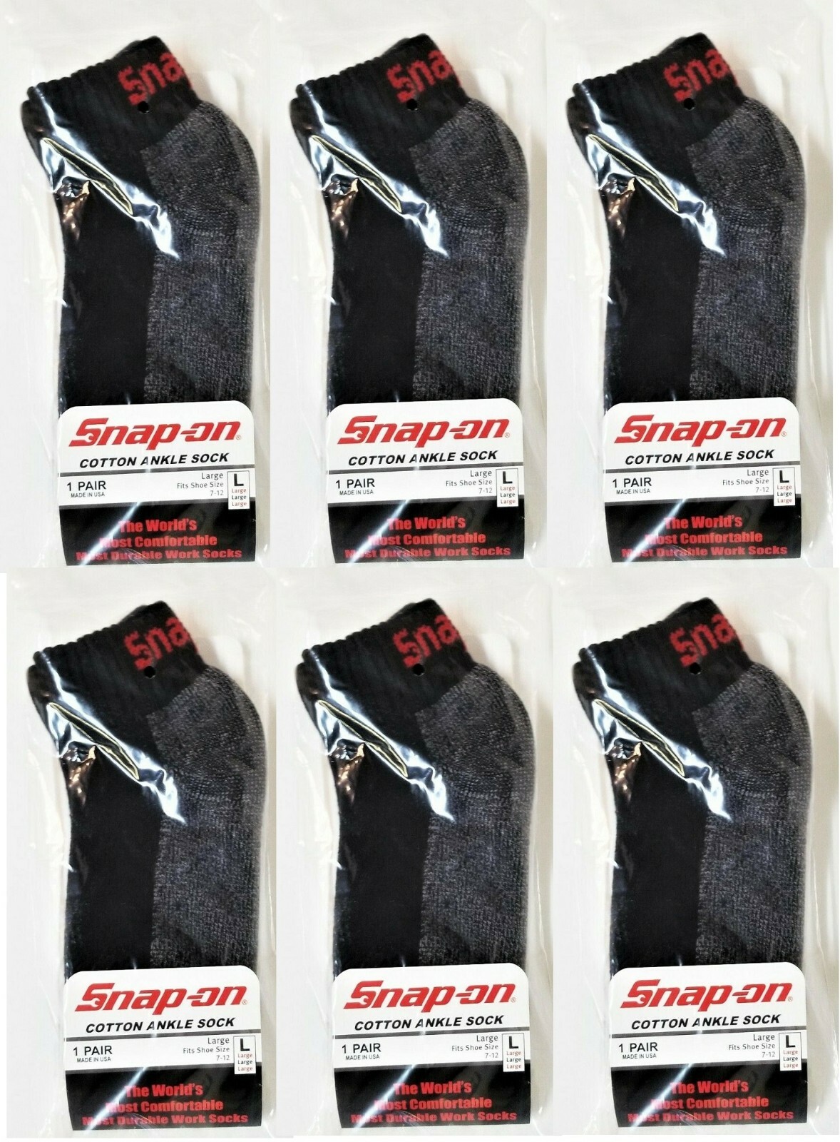 6 PAIRS Men’s BLACK Snap-On Ankle Socks LARGE *FREE SHIPPING* MADE IN USA *NEW*