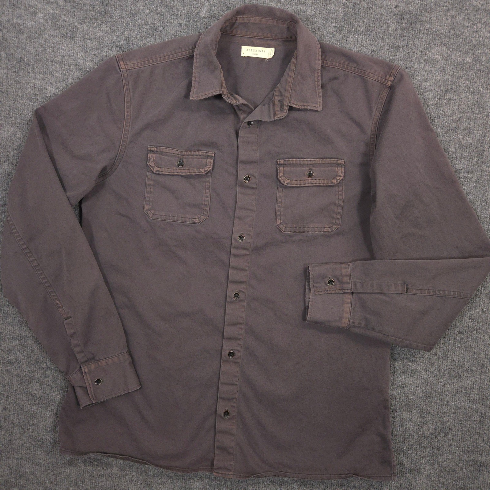 AllSaints Bryant Work Shirt Mens Small Gray Garment Washed Utility Flap Pockets