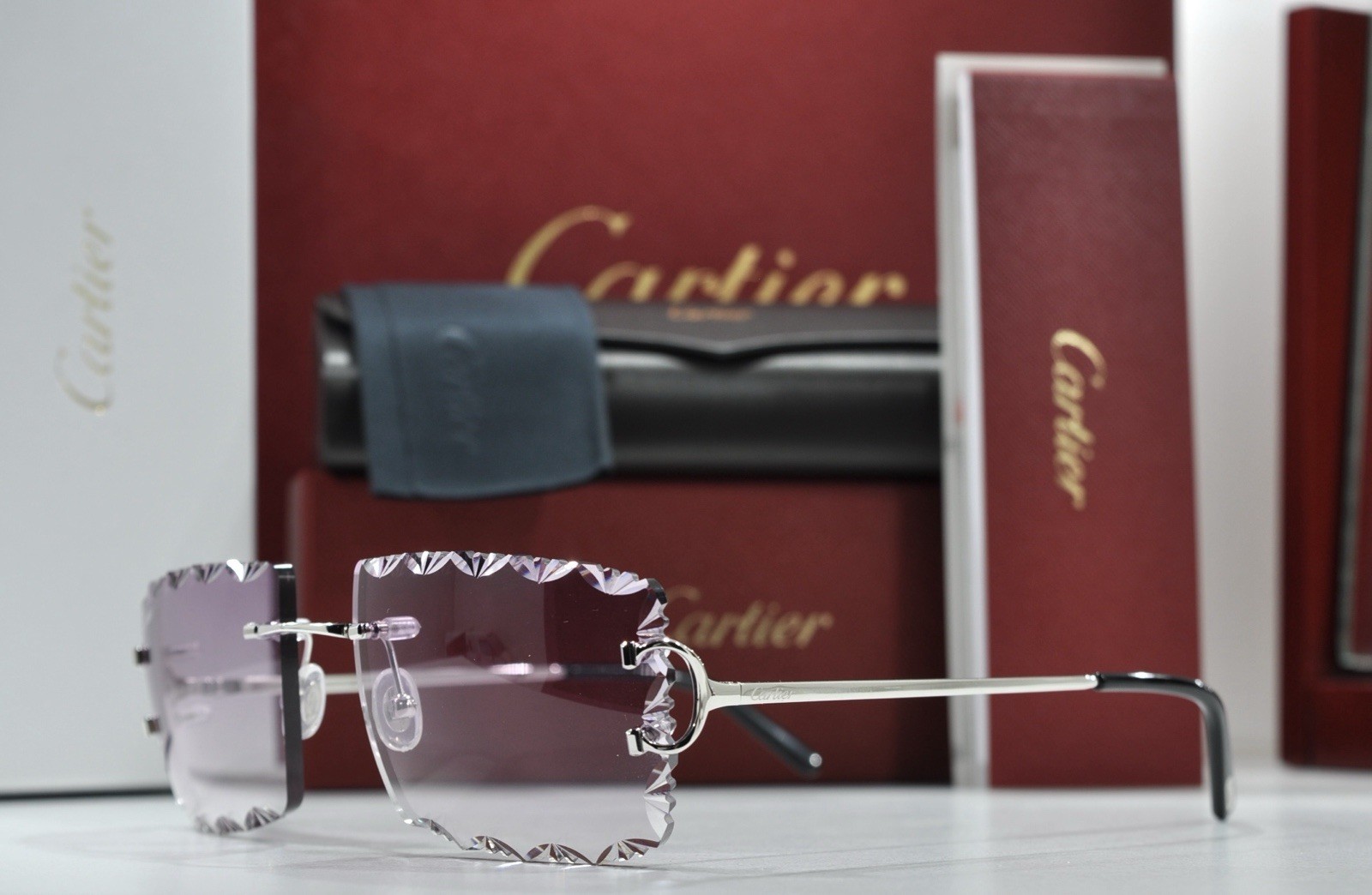 Cartier rimless sunglasses piccadilly glasses Diamond Cut BIG C silver Frame