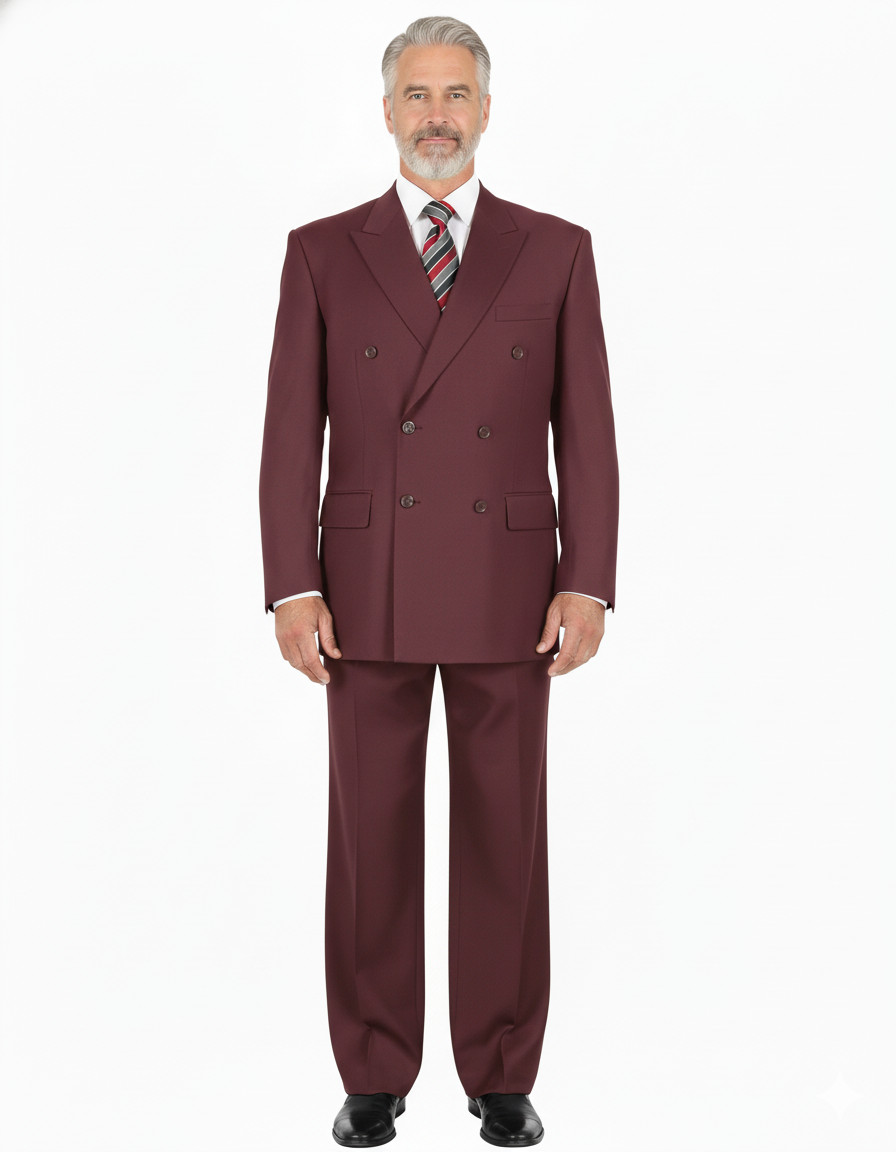 VINCI Men Solid Color Double Breasted Classic Fit Suit Elastic Waist Burgundy