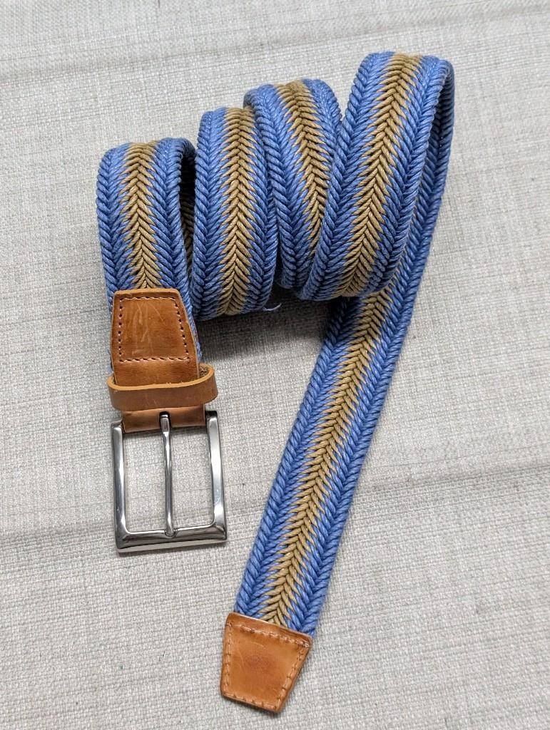 ITALY made CLAUDIO ORCIANI woven belt LINEN blue fabric 40 leather 105cm weave