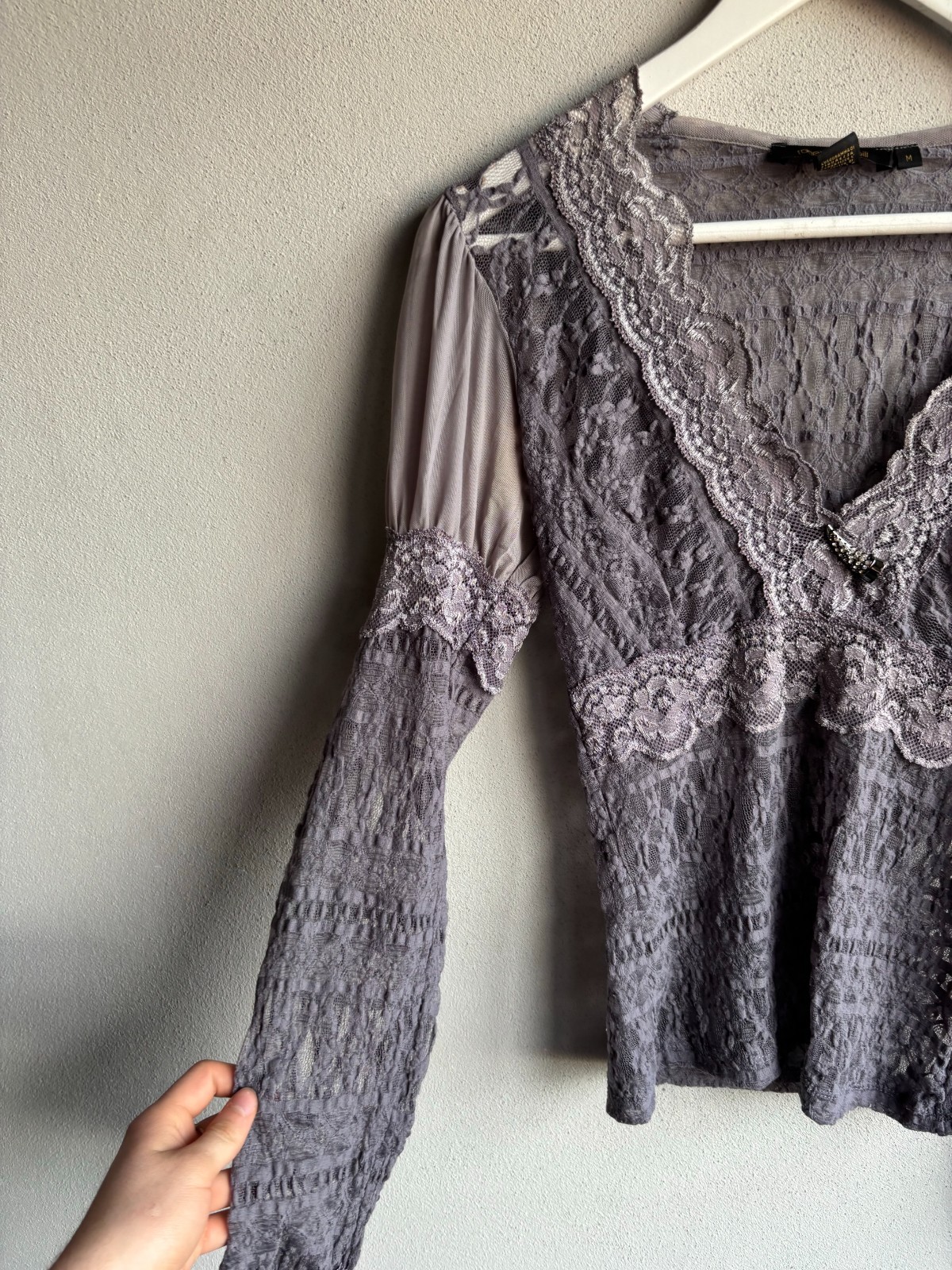 Roberto Cavalli Lace Knit Top Sheer Romantic Boho Designer Luxury Gray Vintage