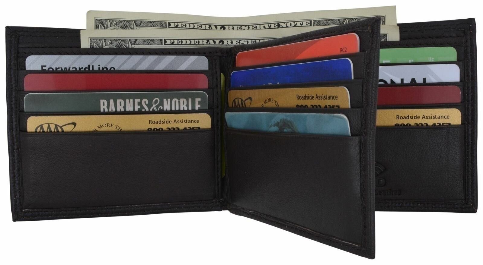 RFID Blocking Mens Genuine Leather Black Flap Credit Card ID Holder Slim Bifold