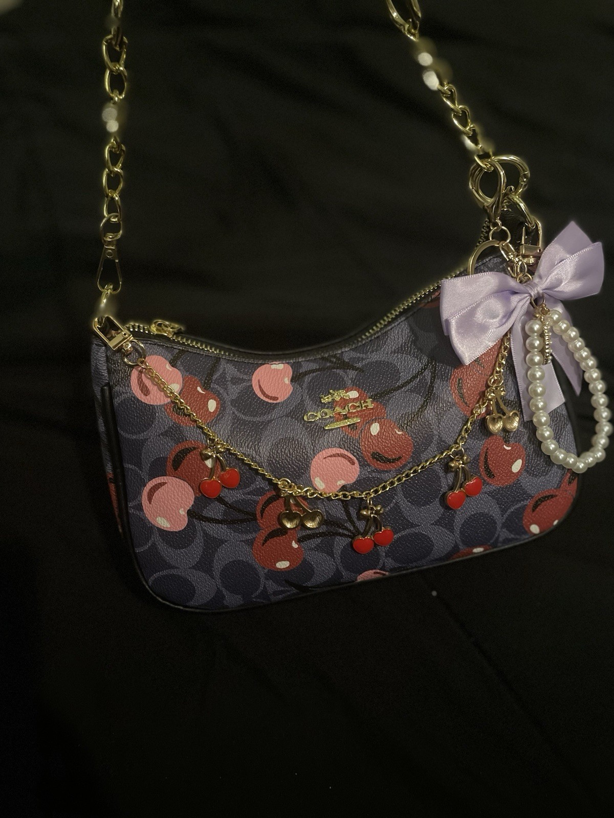 Coach Gray Cherry Logo Coated Shoulder Bag Zip Chain Strap Bow Pearl Charm