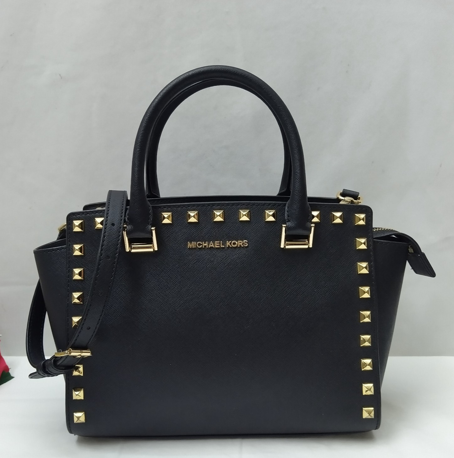 Michael Kors Black Leather Studded Double Handles Satchel Bag