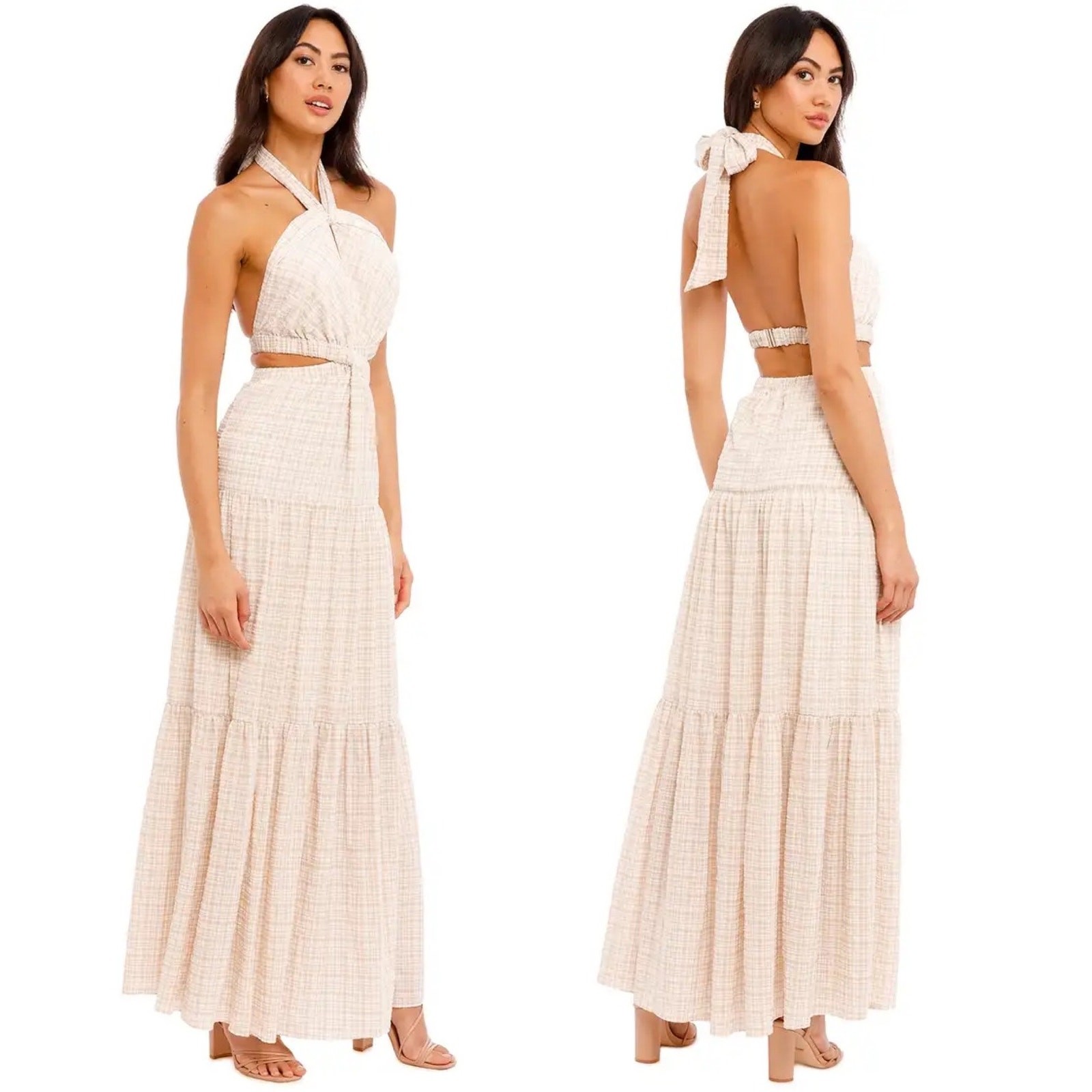 NWT Significant Other Clementine Cutout Gingham Plaid Maxi Dress Almond Chalk 8