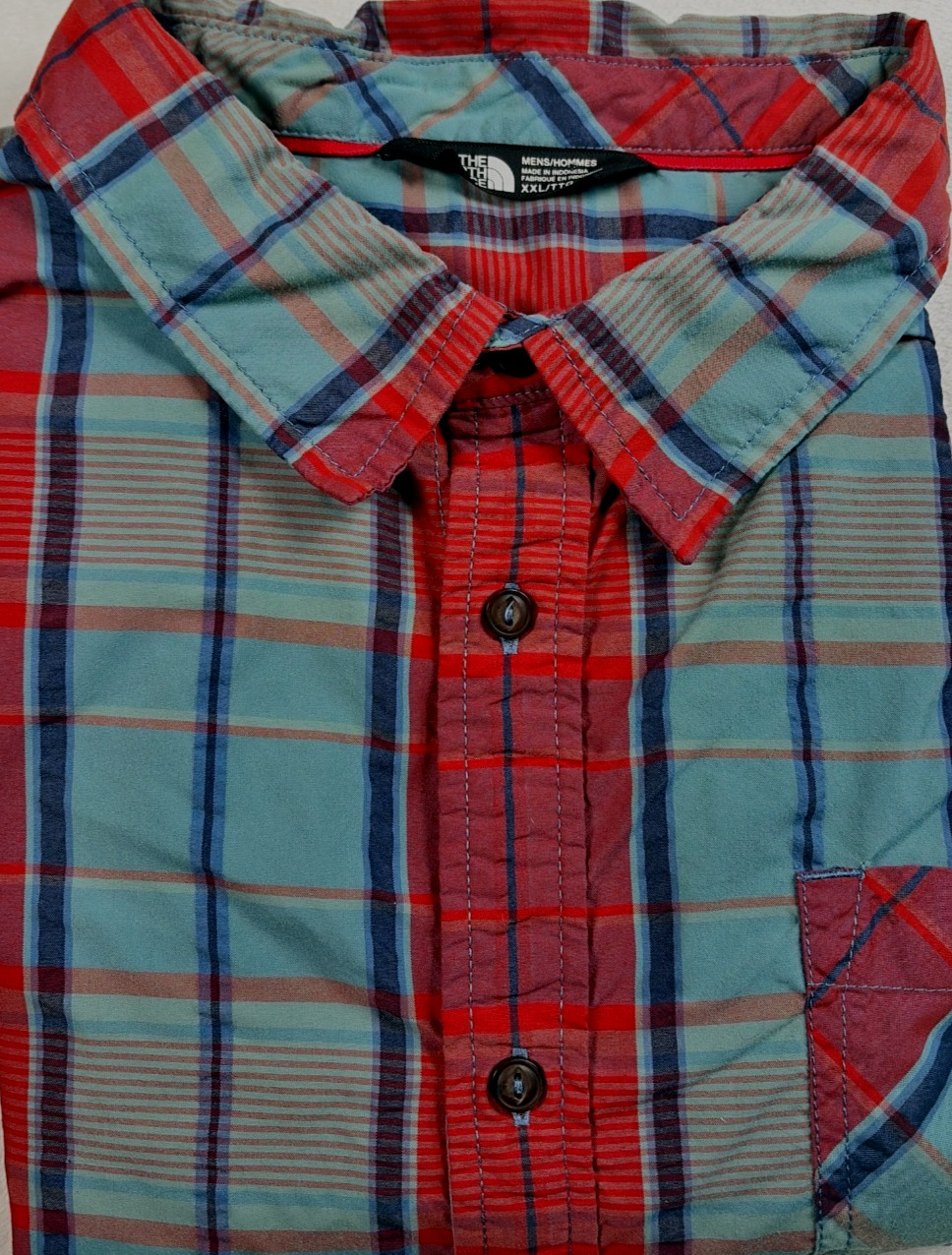 The North Face Mens Short Sleeve Shirt 2XL Red Gray Plaid Nylon/Poly Wicking