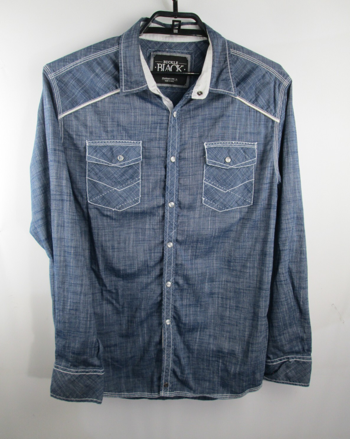 Buckle Black Western Pearl-Snap Shirt Mens Sz L Blue Denim Long-Sleeve