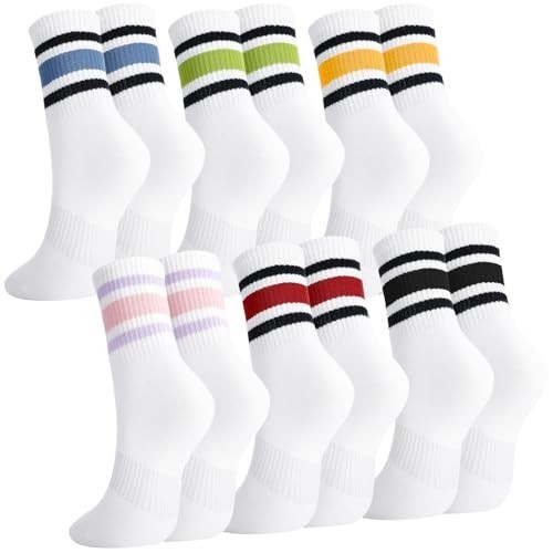 6 Pairs Retro Stripe Tube Socks Classic Athletic Sport Running Crew Casual Cotto