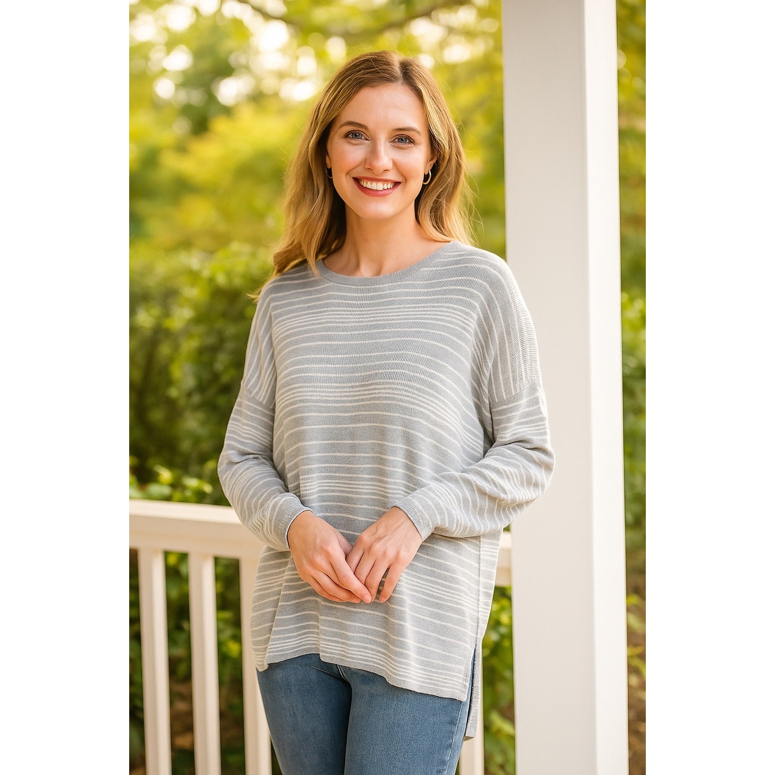 Eileen Fisher Striped Organic Cotton Knit Sweater Top Gray White Womens Large