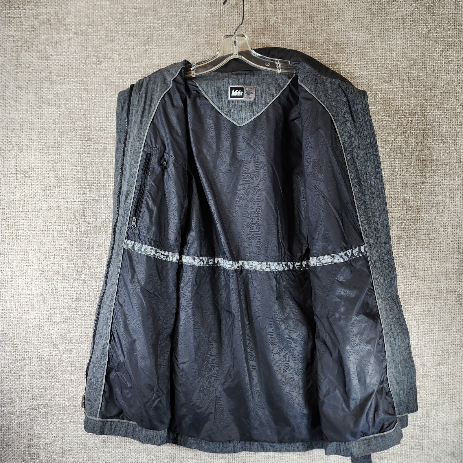 REI E1 Elements Detachable Hood Trench Coat Womens M Gray Rain Jacket Belted