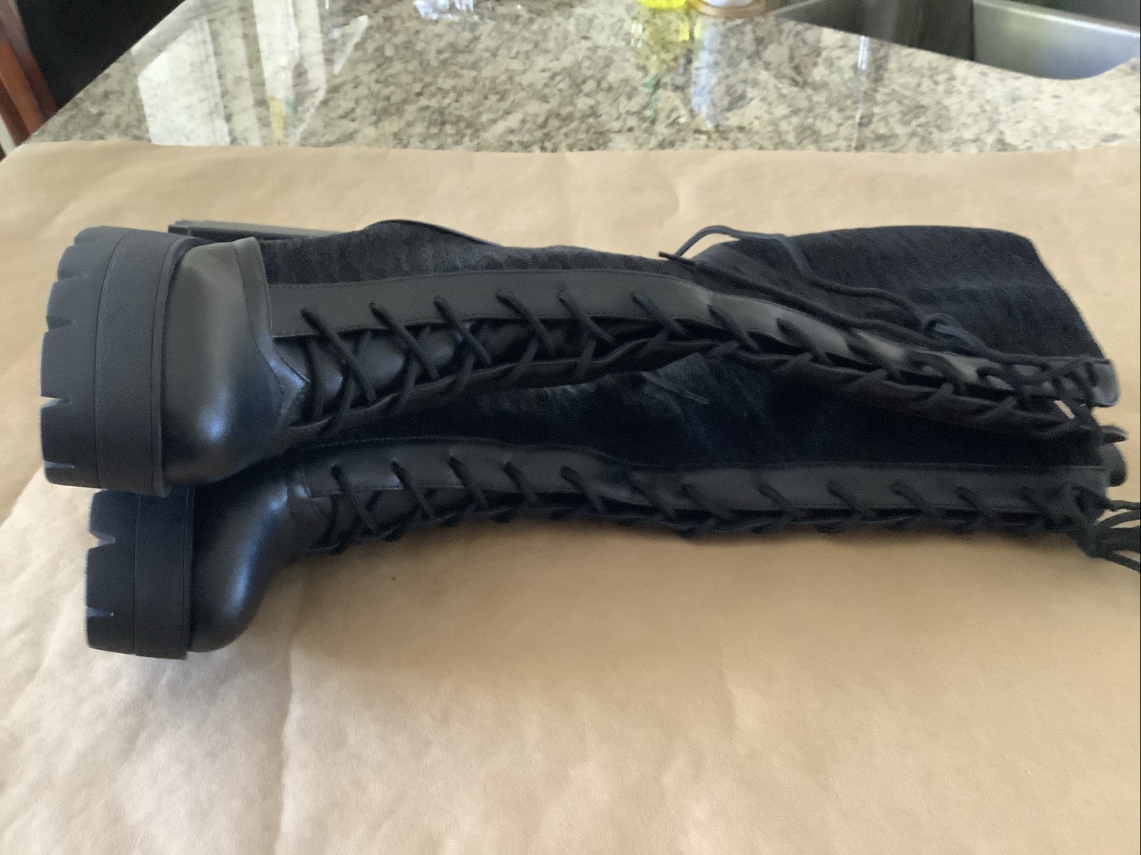 Black Gothic Knee High Boots Size 8.5 US Floral Lace Panel New No Box