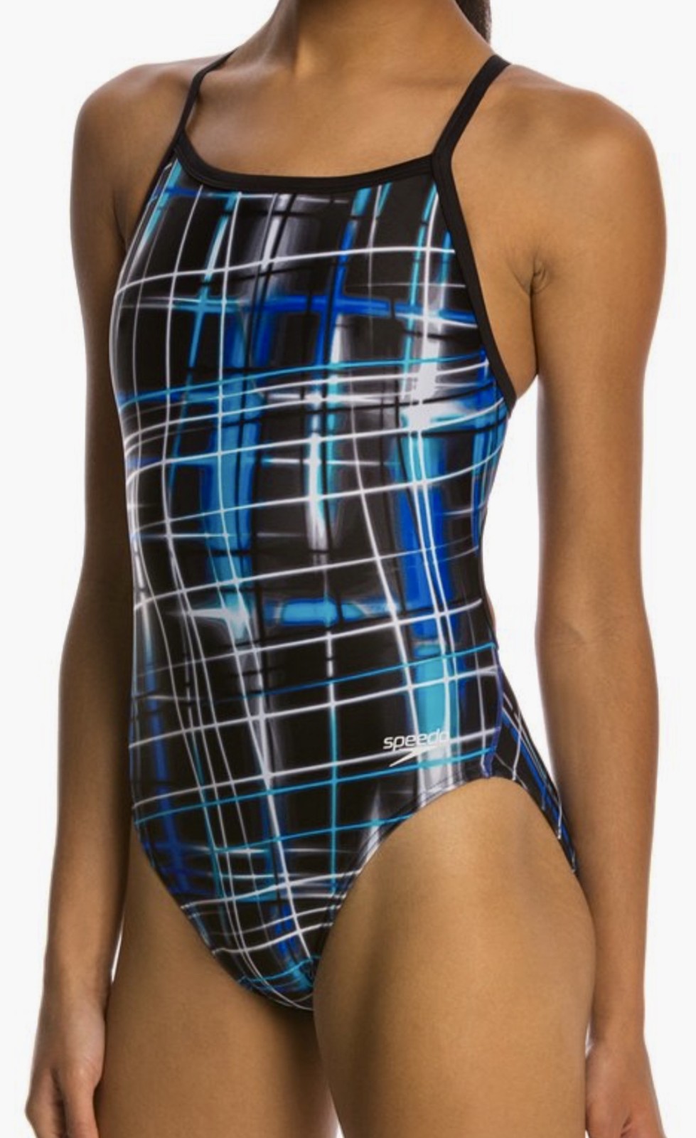SPEEDO Laser Sticks Fly Back Black Blue White Swim Suit Womens 2 28 30 6 32 8 34